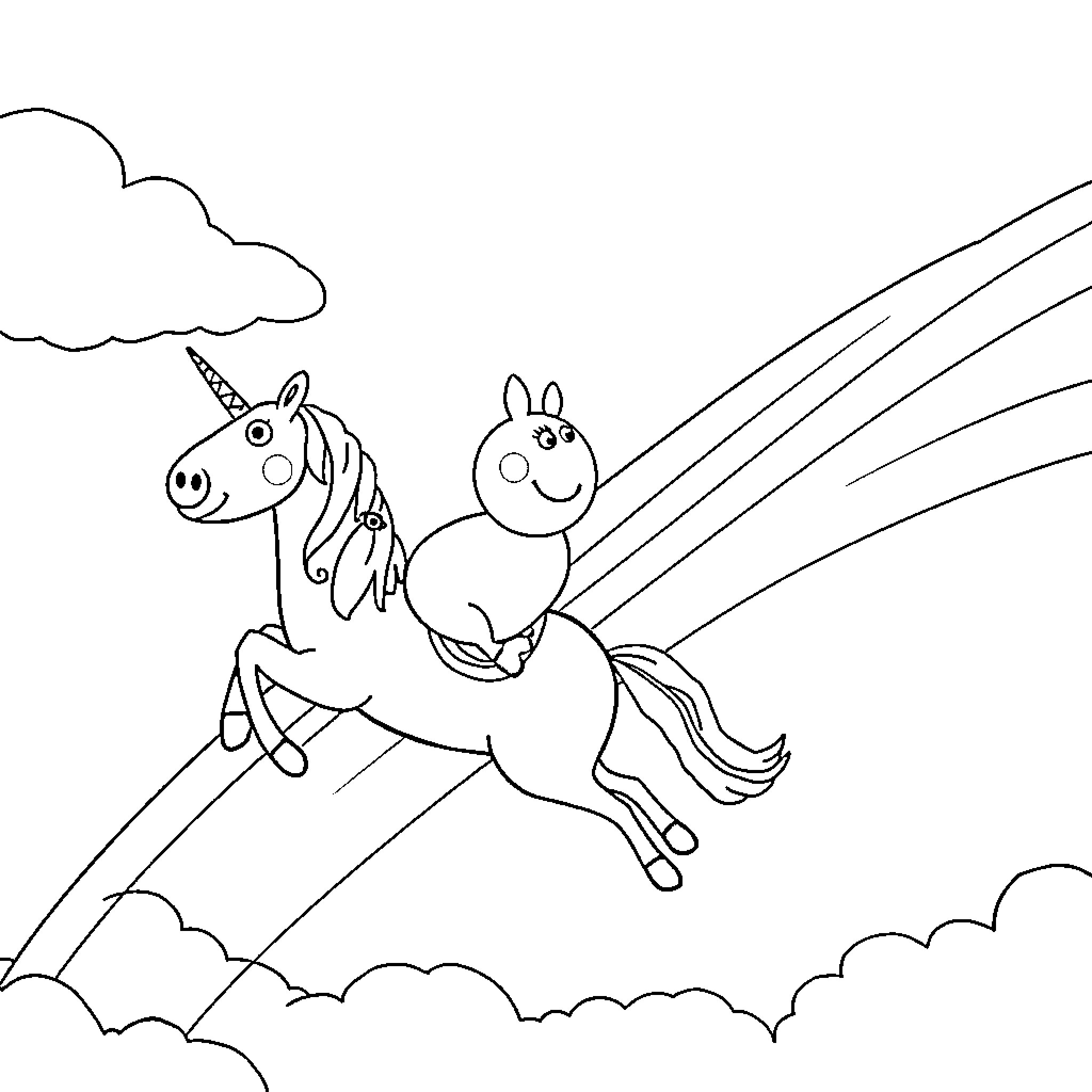 Peppa Pig and friend riding a unicorn in the sky Coloring Page (free black-and-white line drawing printable PDF for all, from beginners to advanced learners, including children, teens, adults, and seniors)