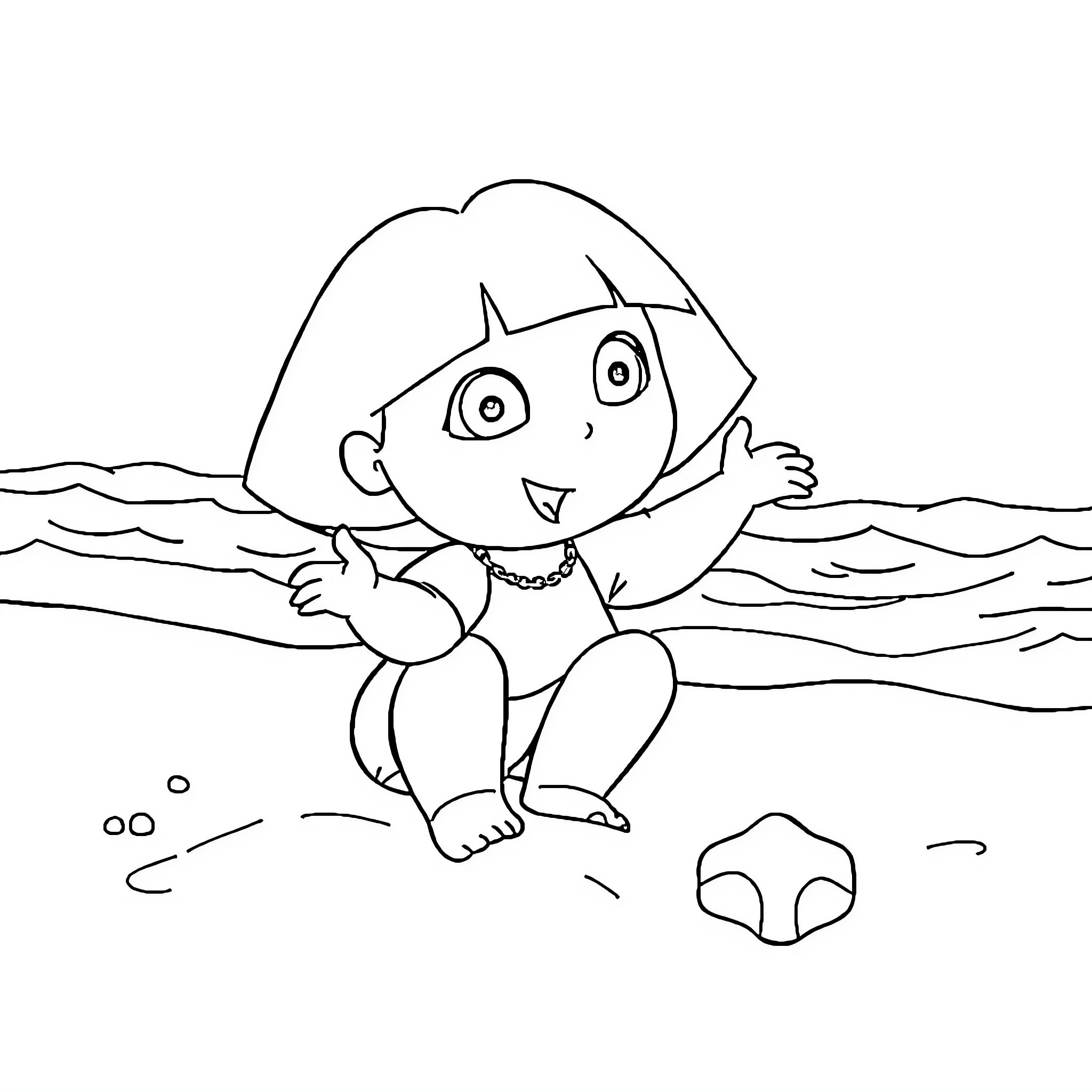 Dora playing and exploring by the beach Coloring Page (free black-and-white line drawing printable PDF for all, from beginners to advanced learners, including children, teens, adults, and seniors)