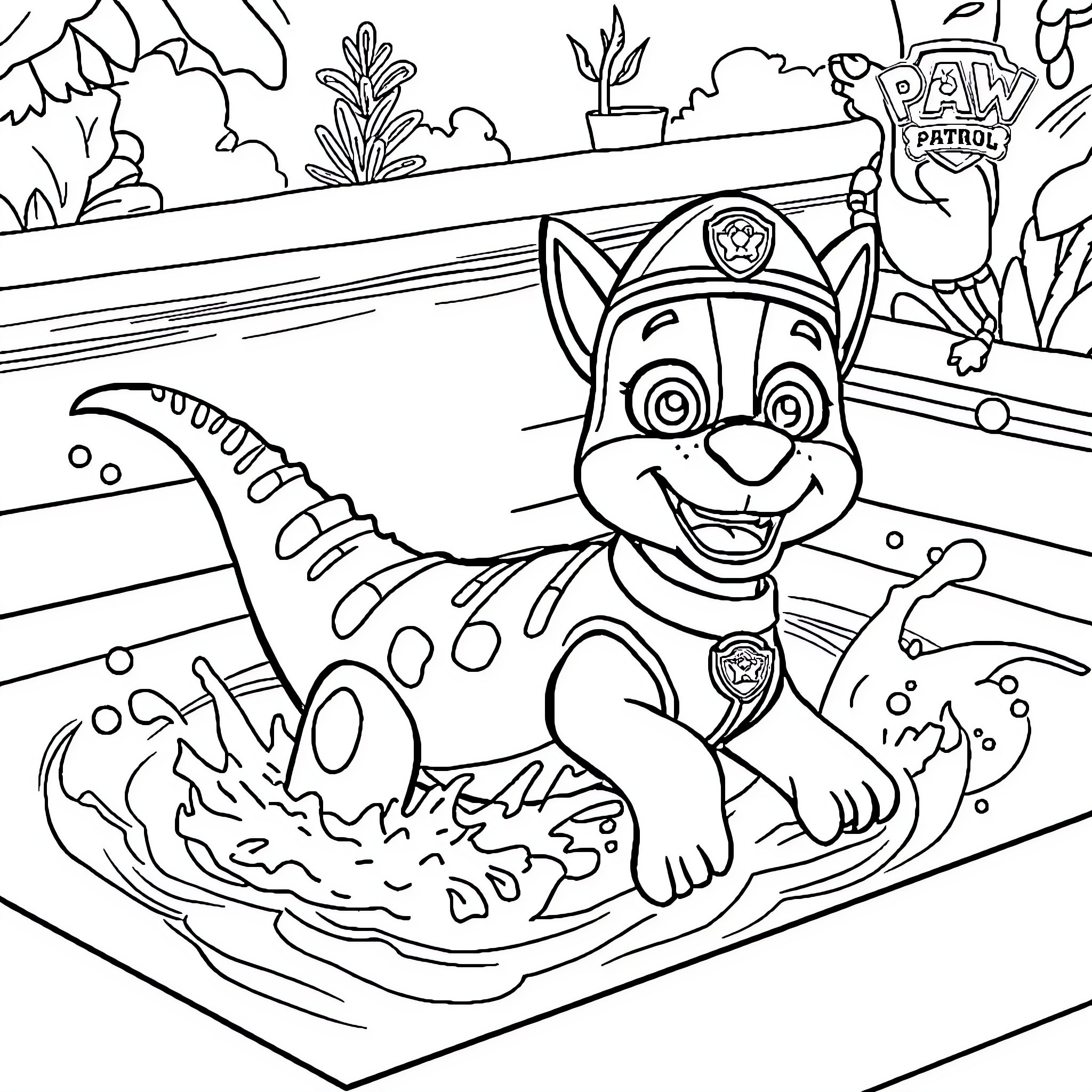 Dinosaur Puppy Patrol in the Jungle Adventure Coloring Page (free black-and-white line drawing printable PDF for all, from beginners to advanced learners, including children, teens, adults, and seniors)