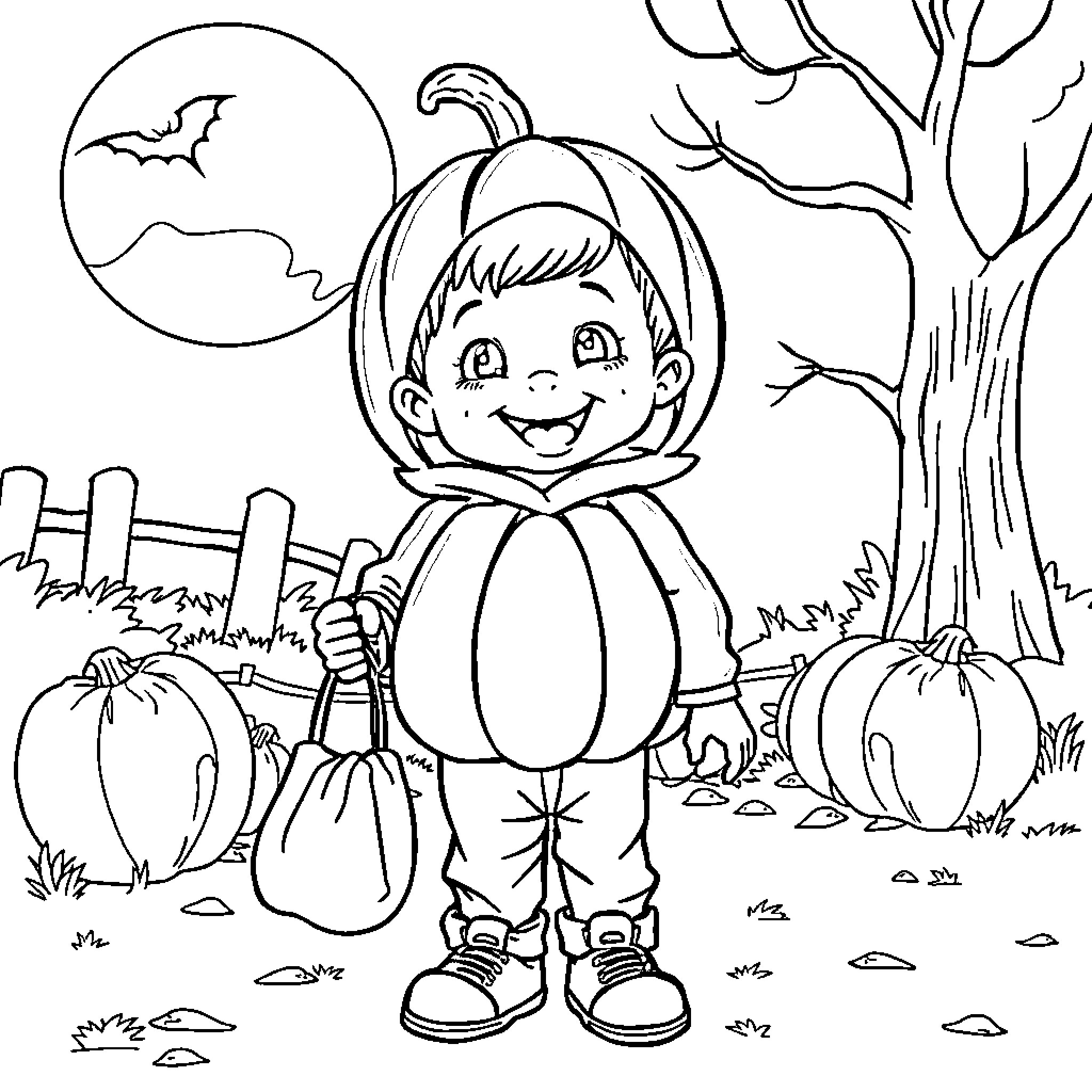 Toddler in pumpkin costume playing in autumn landscape Coloring Page (free black-and-white line drawing printable PDF for all, from beginners to advanced learners, including children, teens, adults, and seniors)