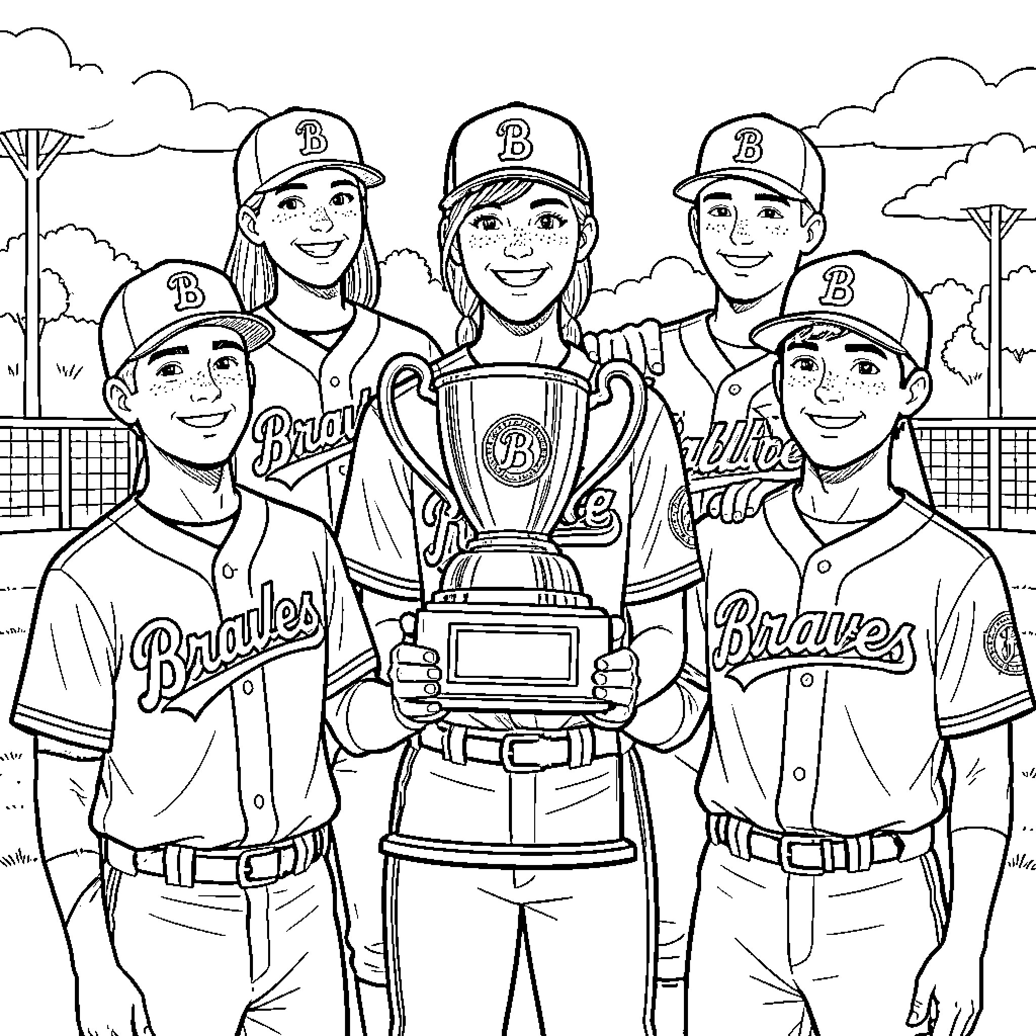 Baseball team celebrating championship victory Coloring Page (free black-and-white line drawing printable PDF for all, from beginners to advanced learners, including children, teens, adults, and seniors)