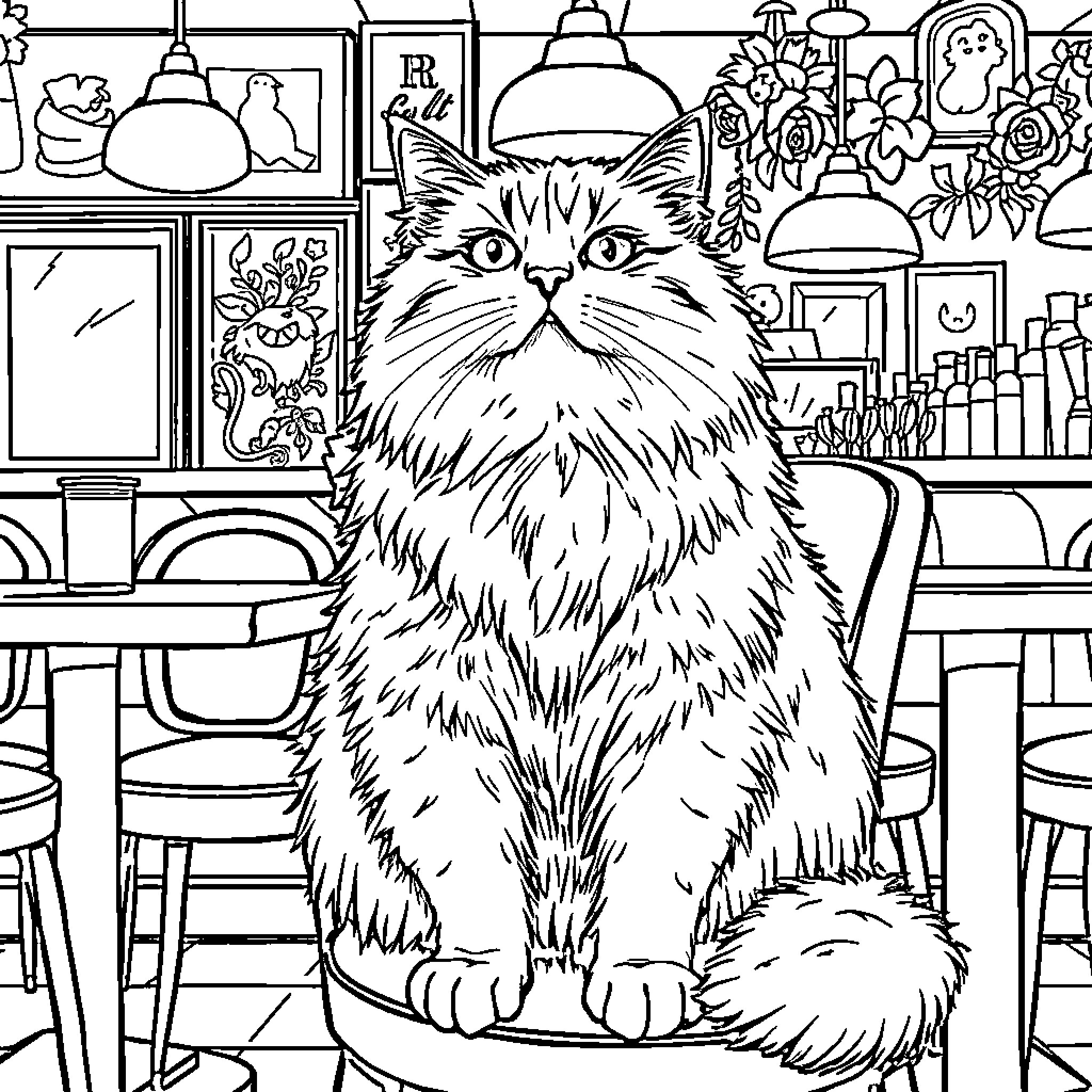 Cat in a Cozy Cafe Coloring Page (free black-and-white line drawing printable PDF for all, from beginners to advanced learners, including children, teens, adults, and seniors)