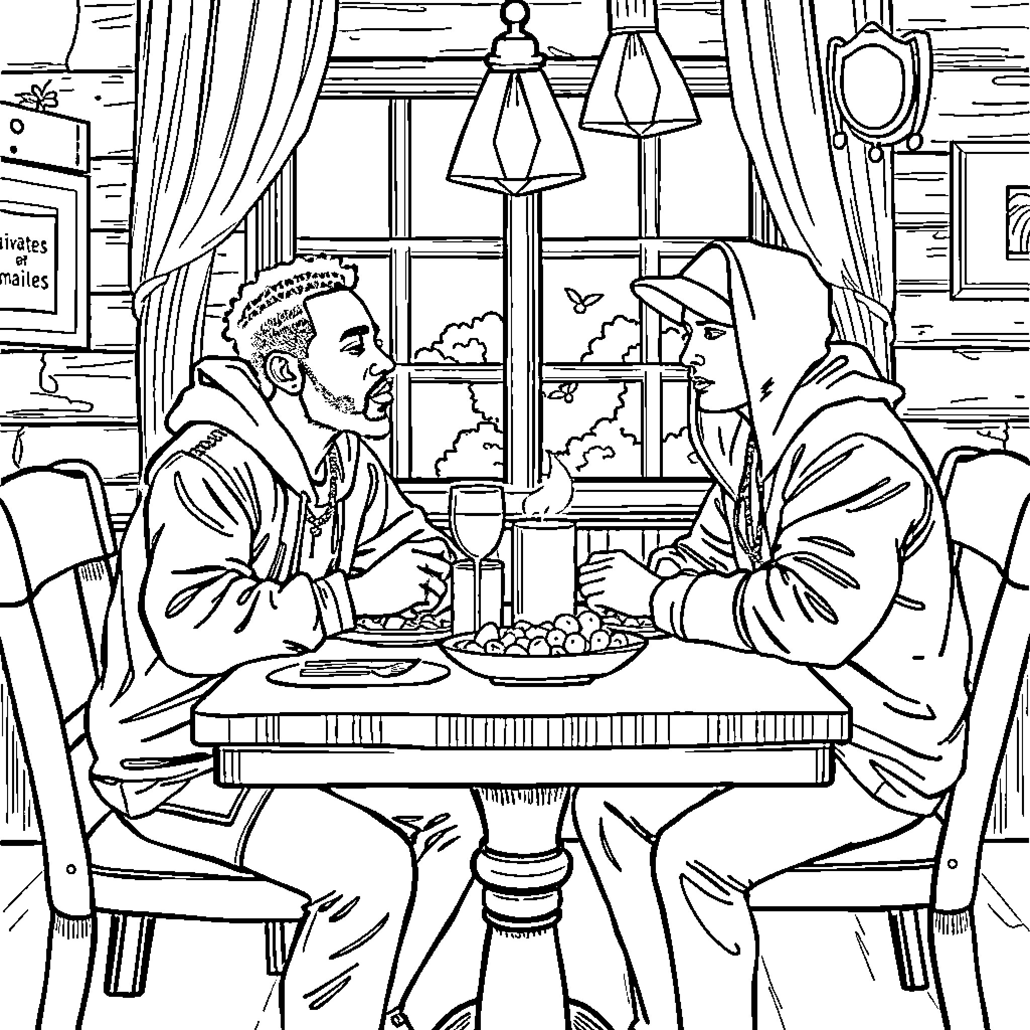 Kendrick Lamar's Intimate Dinner Conversation Coloring Page (free black-and-white line drawing printable PDF for all, from beginners to advanced learners, including children, teens, adults, and seniors)