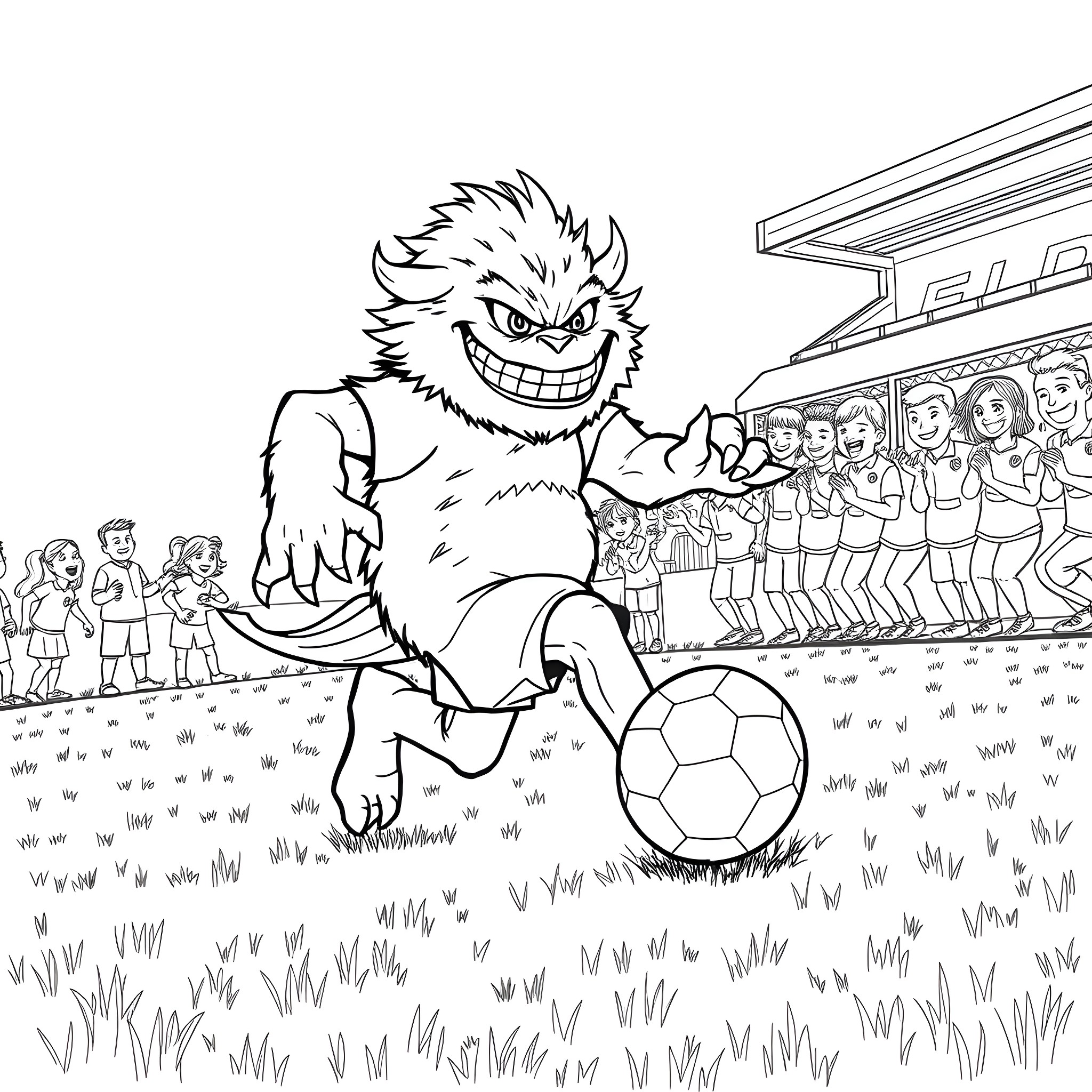 Monster Footballer Terrorizing Crowd with Soccer Ball Coloring Page (free black-and-white line drawing printable PDF for all, from beginners to advanced learners, including children, teens, adults, and seniors)