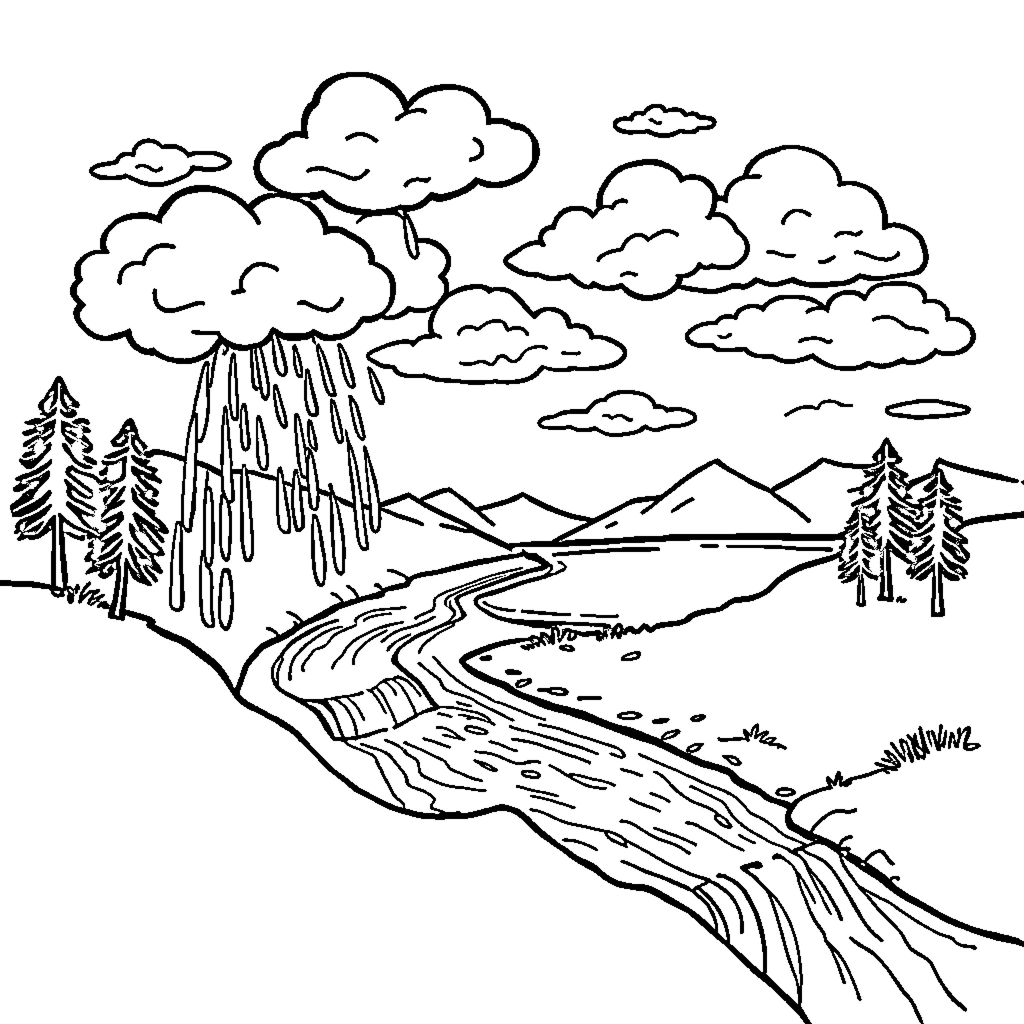 Water Cycle Illustrated in a Rainy Landscape Coloring Page (free black-and-white line drawing printable PDF for all, from beginners to advanced learners, including children, teens, adults, and seniors)