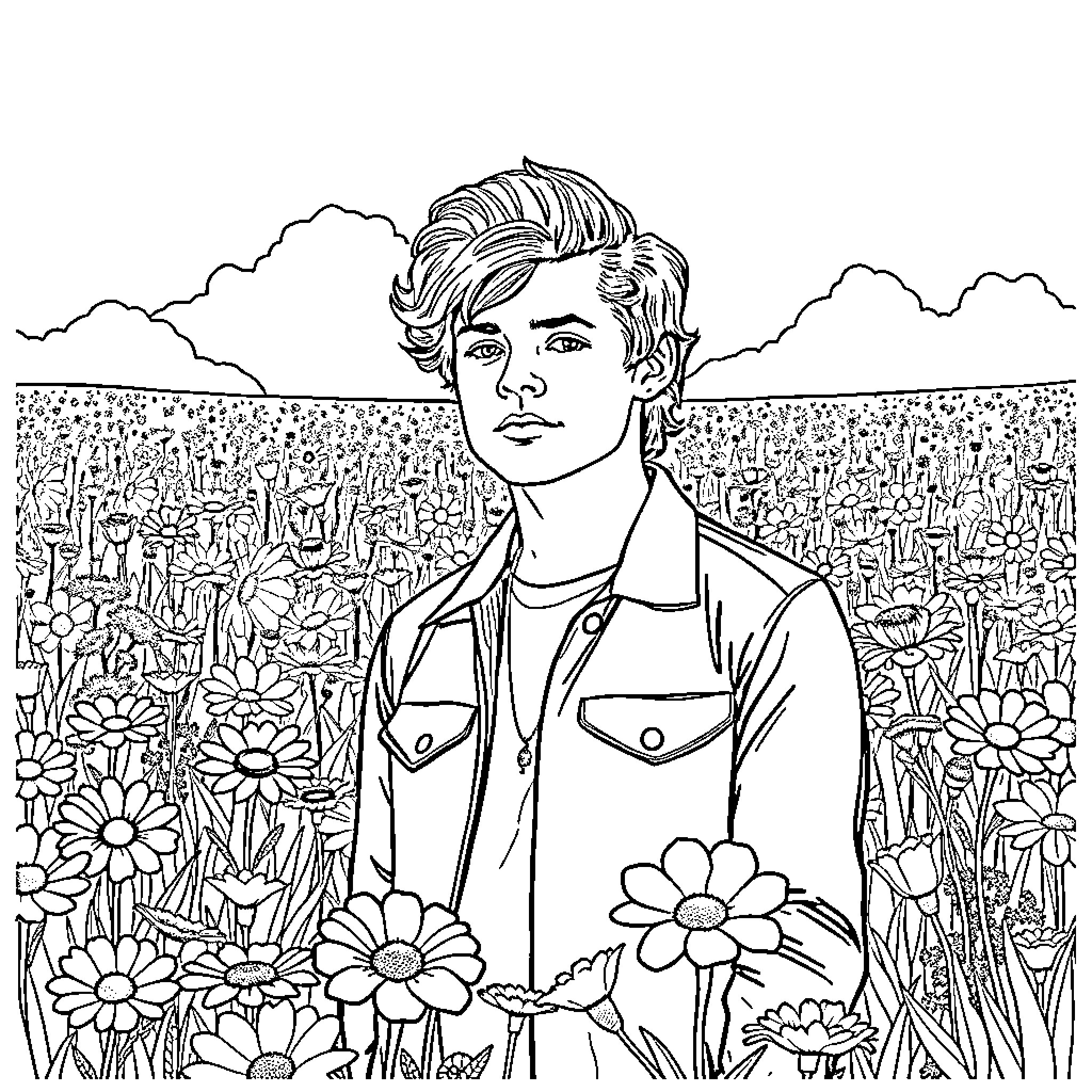 Harry Styles standing amidst a field of flowers Coloring Page (free black-and-white line drawing printable PDF for all, from beginners to advanced learners, including children, teens, adults, and seniors)
