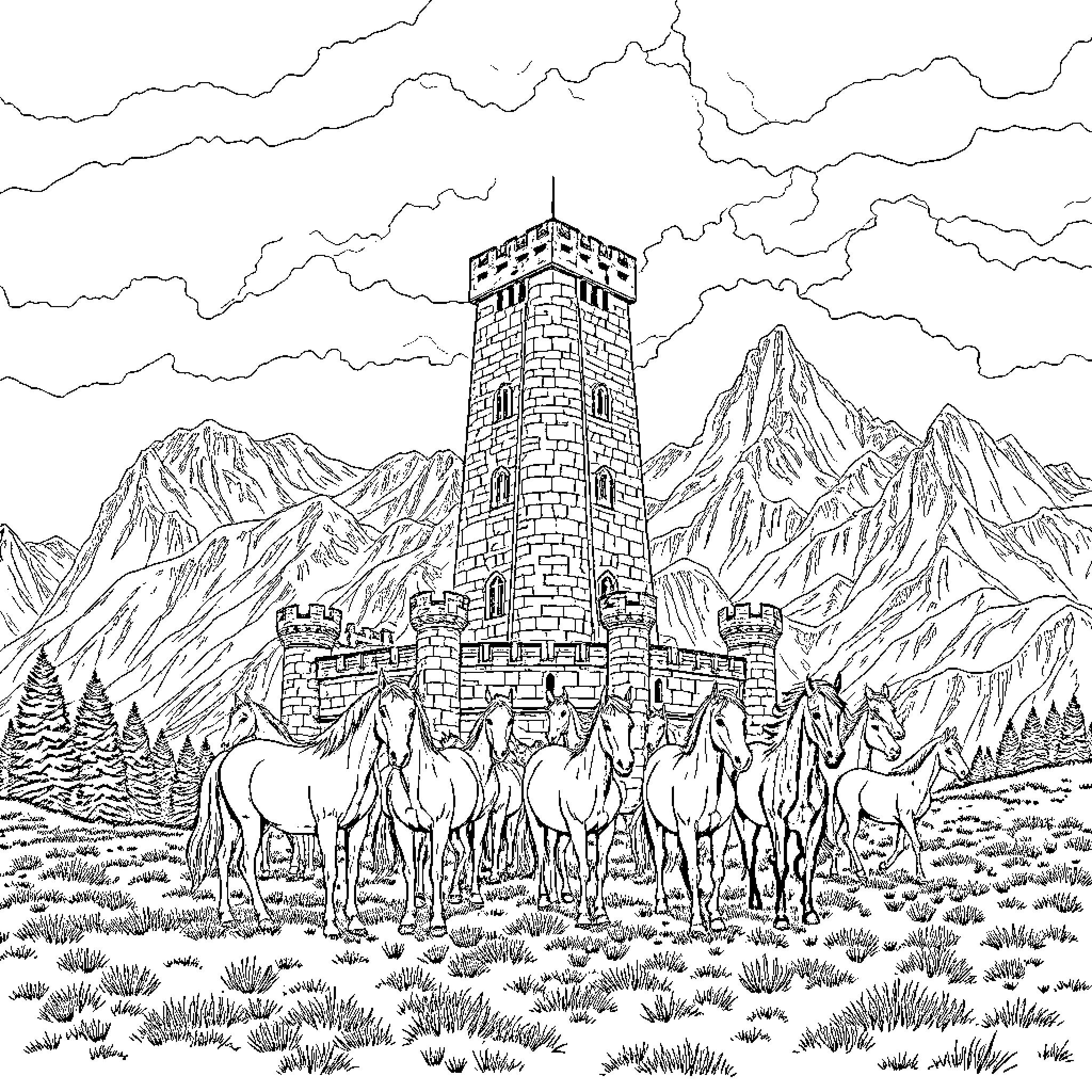 Horse herd grazing near medieval tower in mountains Coloring Page (free black-and-white line drawing printable PDF for all, from beginners to advanced learners, including children, teens, adults, and seniors)
