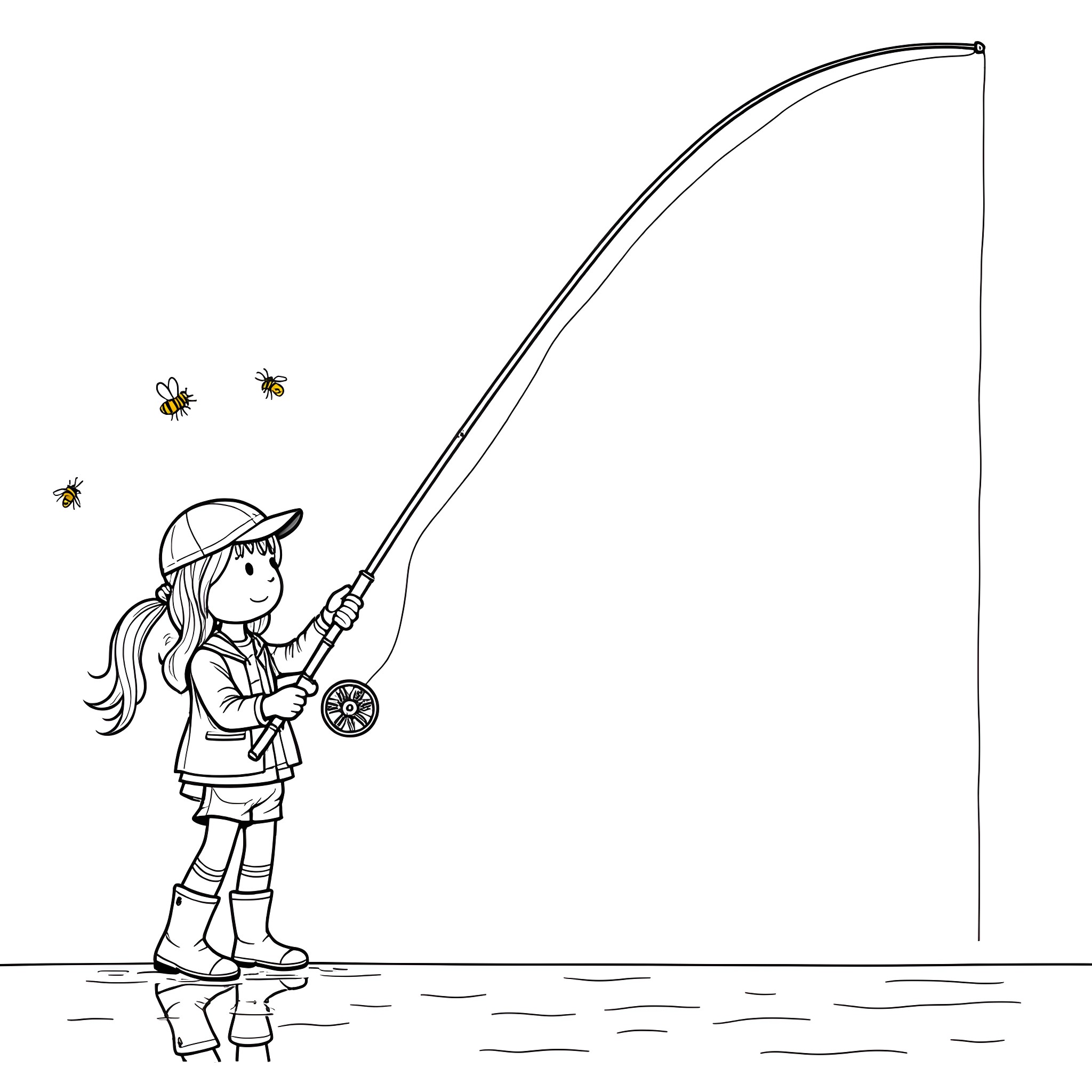 Girl fishing happily with bees in the field Coloring Page (free black-and-white line drawing printable PDF for all, from beginners to advanced learners, including children, teens, adults, and seniors)