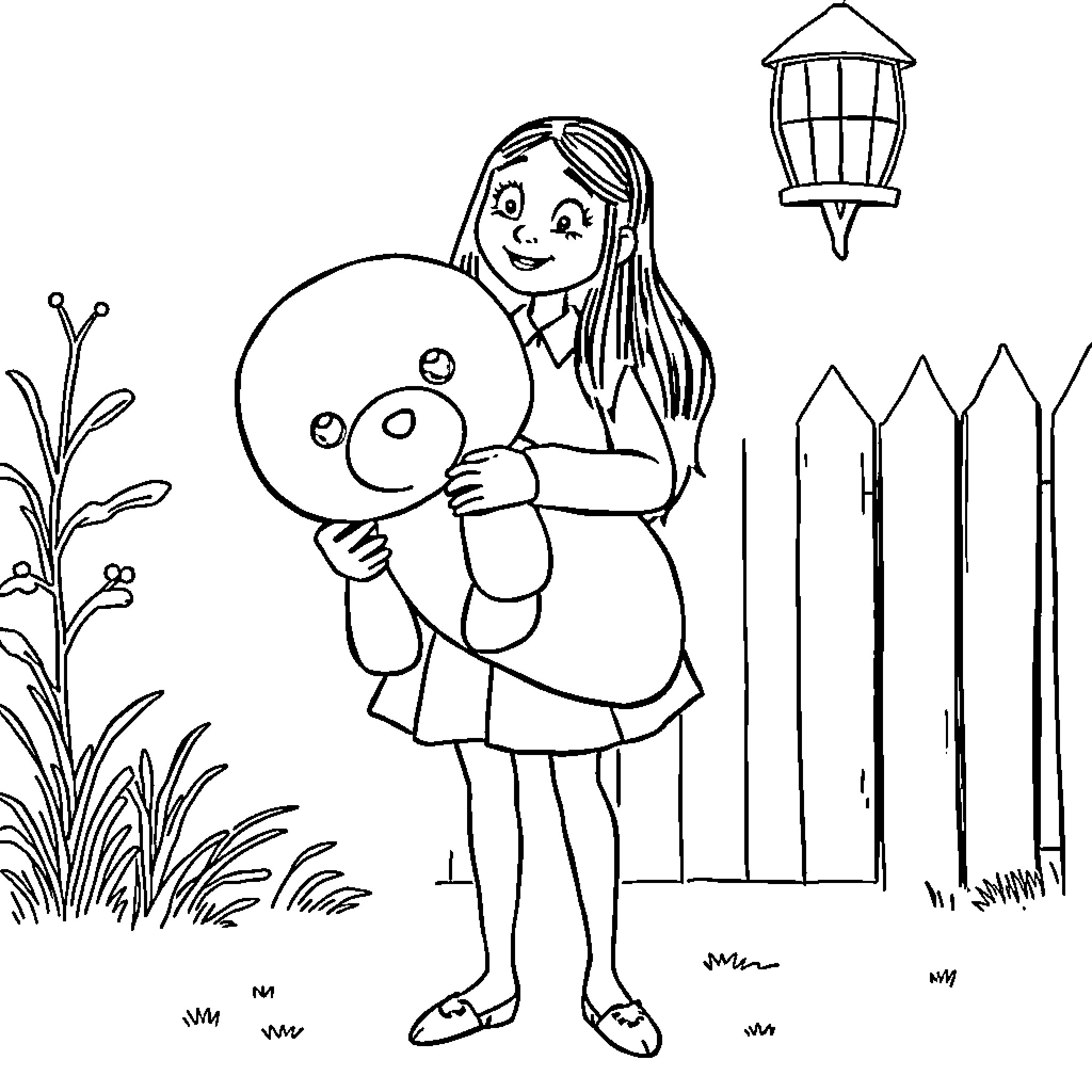 Wednesday Addams holding a toy in the backyard Coloring Page (free black-and-white line drawing printable PDF for all, from beginners to advanced learners, including children, teens, adults, and seniors)