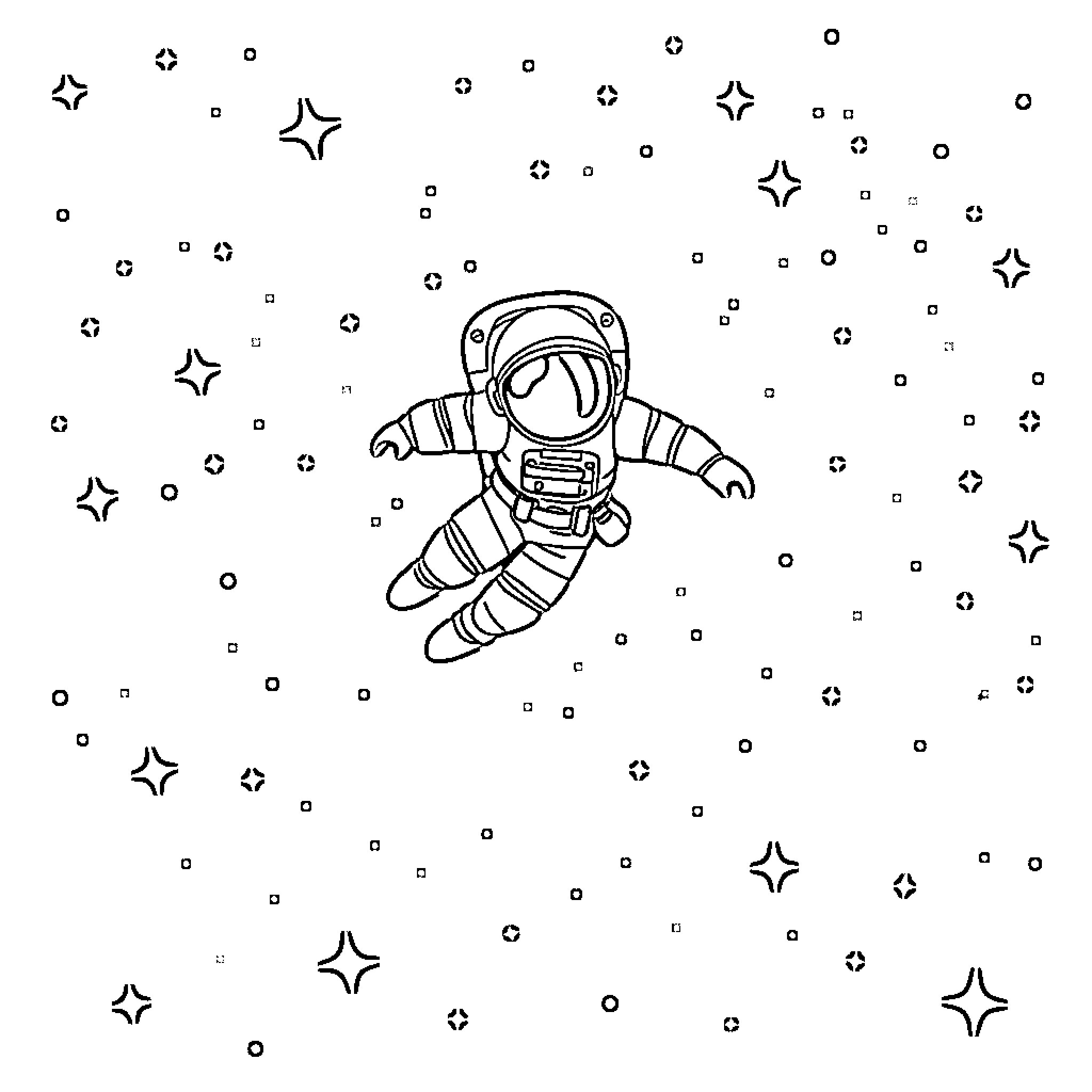 Astronaut floating among the stars Coloring Page (free black-and-white line drawing printable PDF for all, from beginners to advanced learners, including children, teens, adults, and seniors)