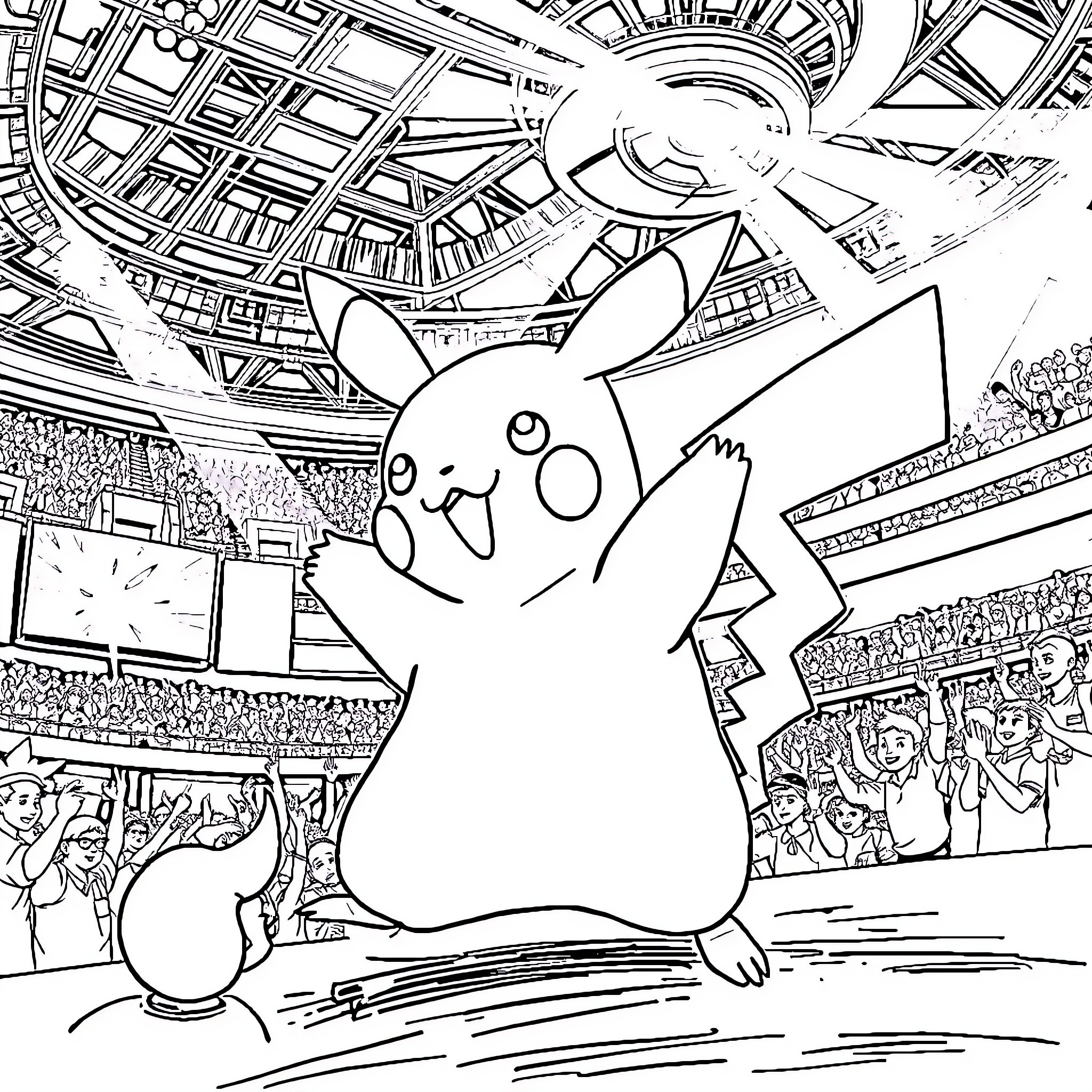 Pikachu cheering in a sports stadium Coloring Page (free black-and-white line drawing printable PDF for all, from beginners to advanced learners, including children, teens, adults, and seniors)