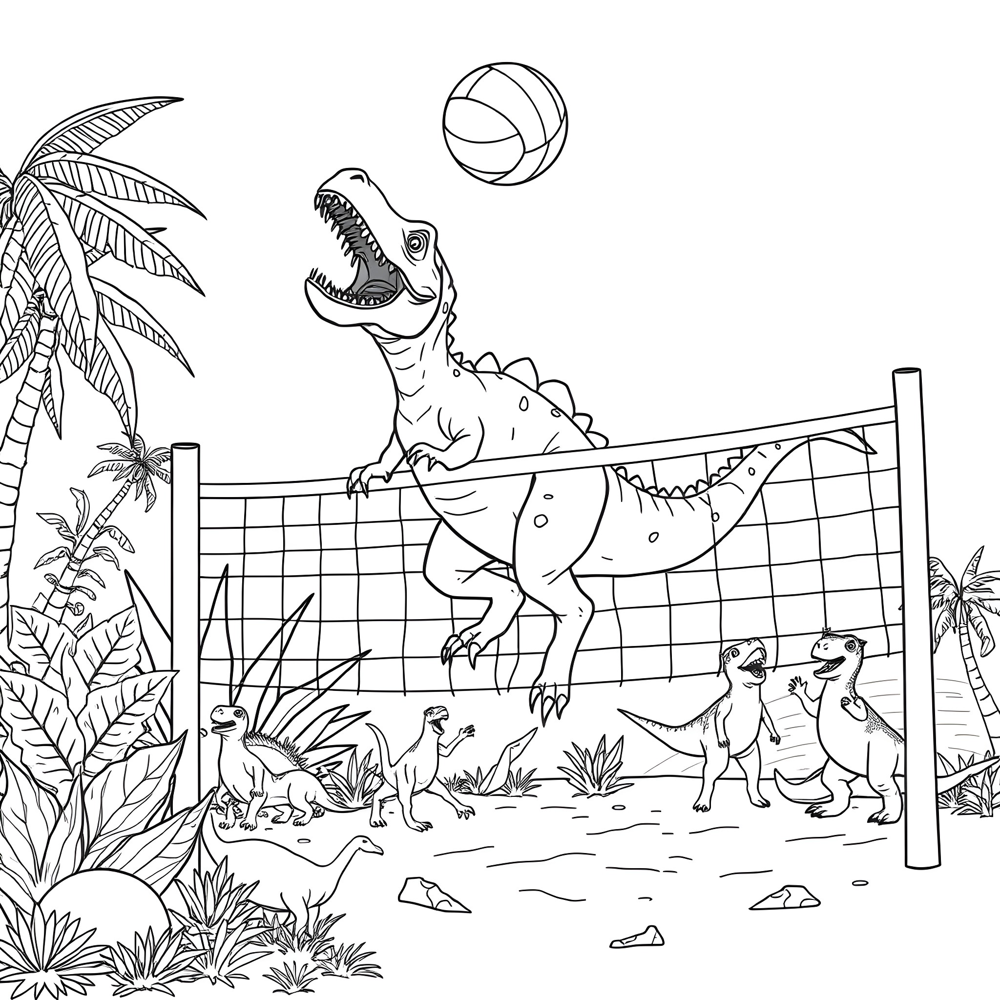 Dinosaur playing volleyball with ducklings in the jungle Coloring Page (free black-and-white line drawing printable PDF for all, from beginners to advanced learners, including children, teens, adults, and seniors)