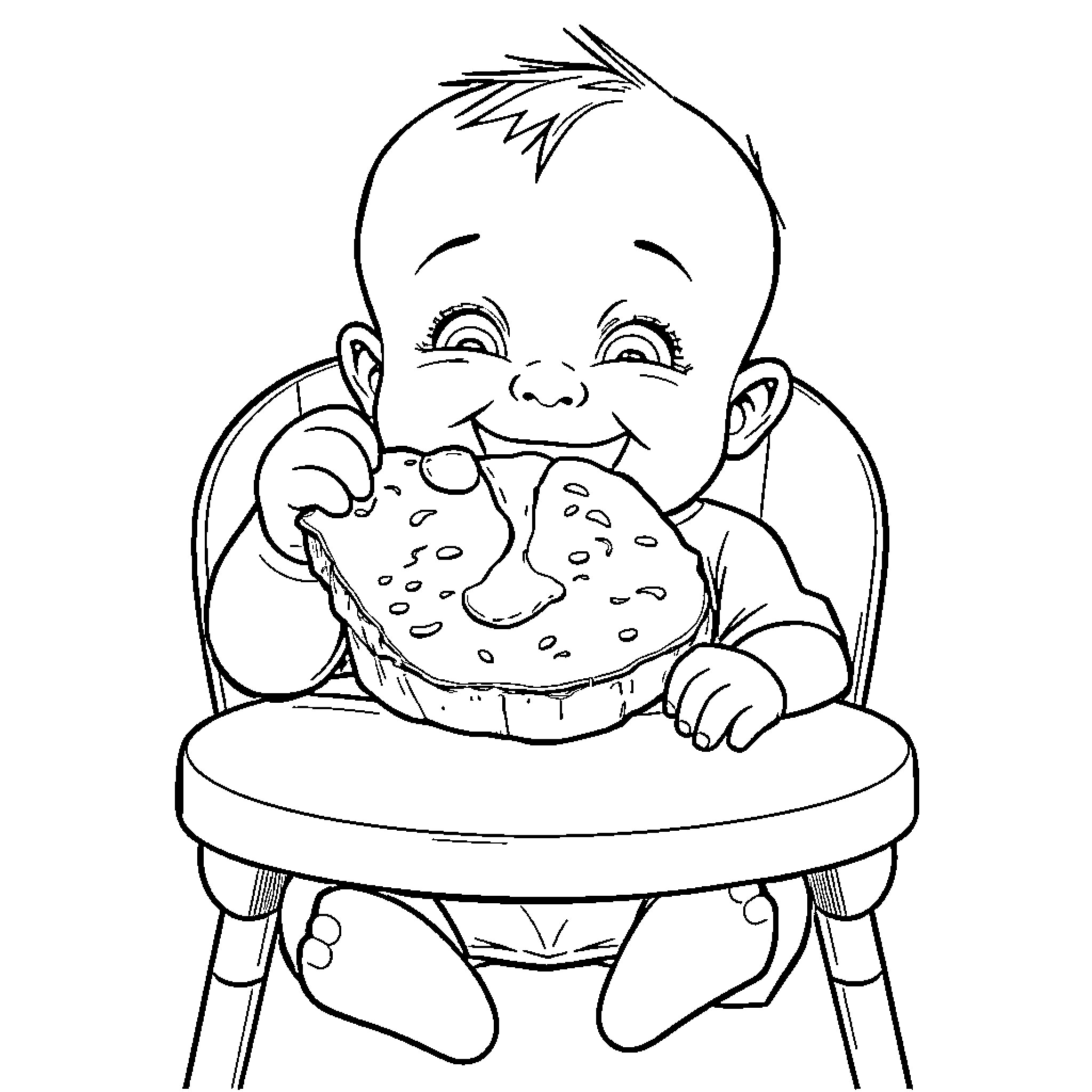 Baby enjoying a tasty snack in high chair Coloring Page (free black-and-white line drawing printable PDF for all, from beginners to advanced learners, including children, teens, adults, and seniors)