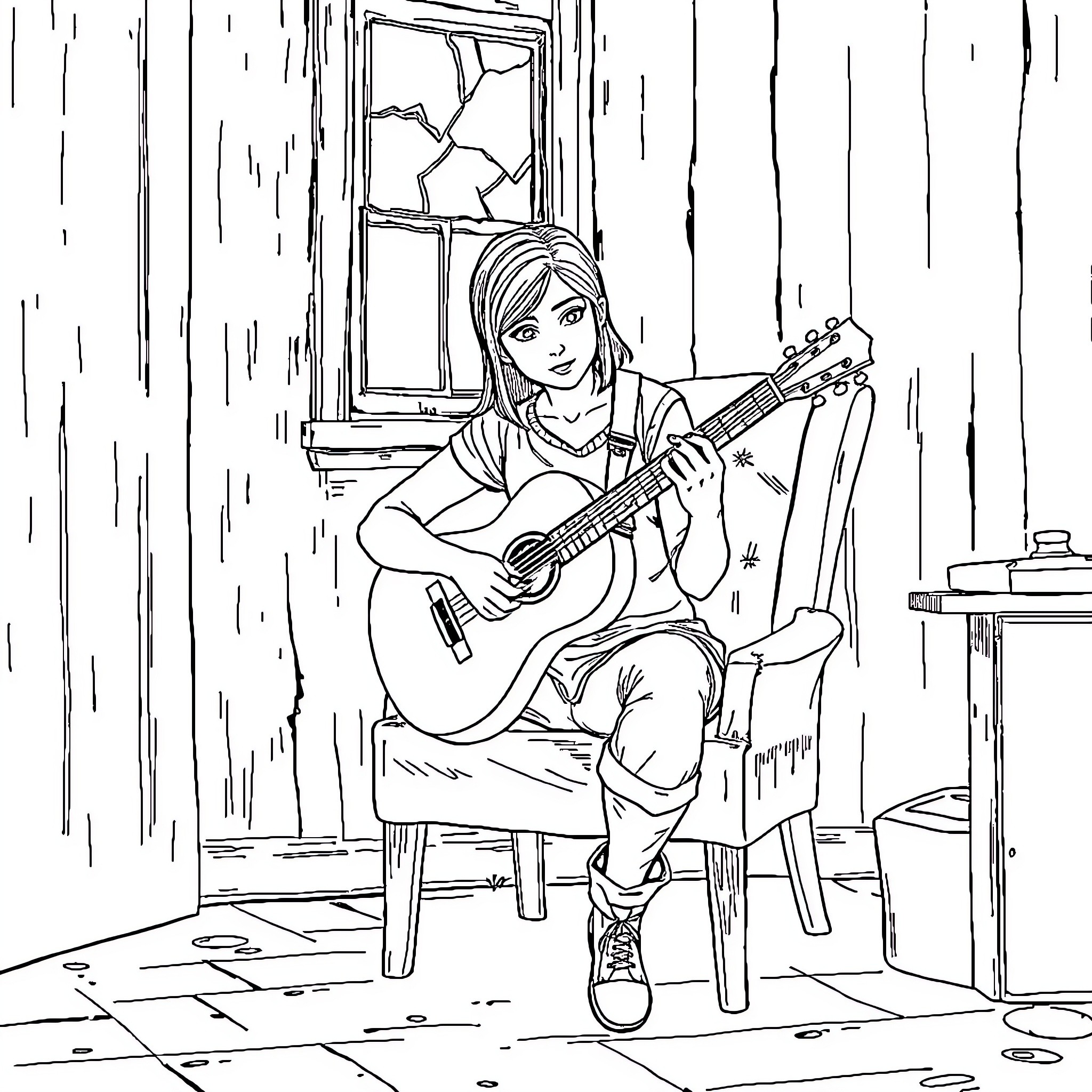 Ellie's Soulful Acoustic Moment Coloring Page (free black-and-white line drawing printable PDF for all, from beginners to advanced learners, including children, teens, adults, and seniors)