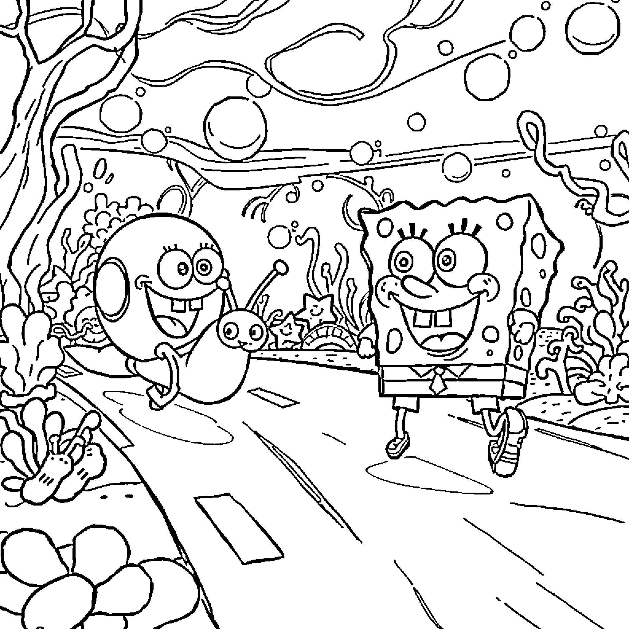 Spongebob and Patrick's Underwater Adventure Coloring Page (free black-and-white line drawing printable PDF for all, from beginners to advanced learners, including children, teens, adults, and seniors)