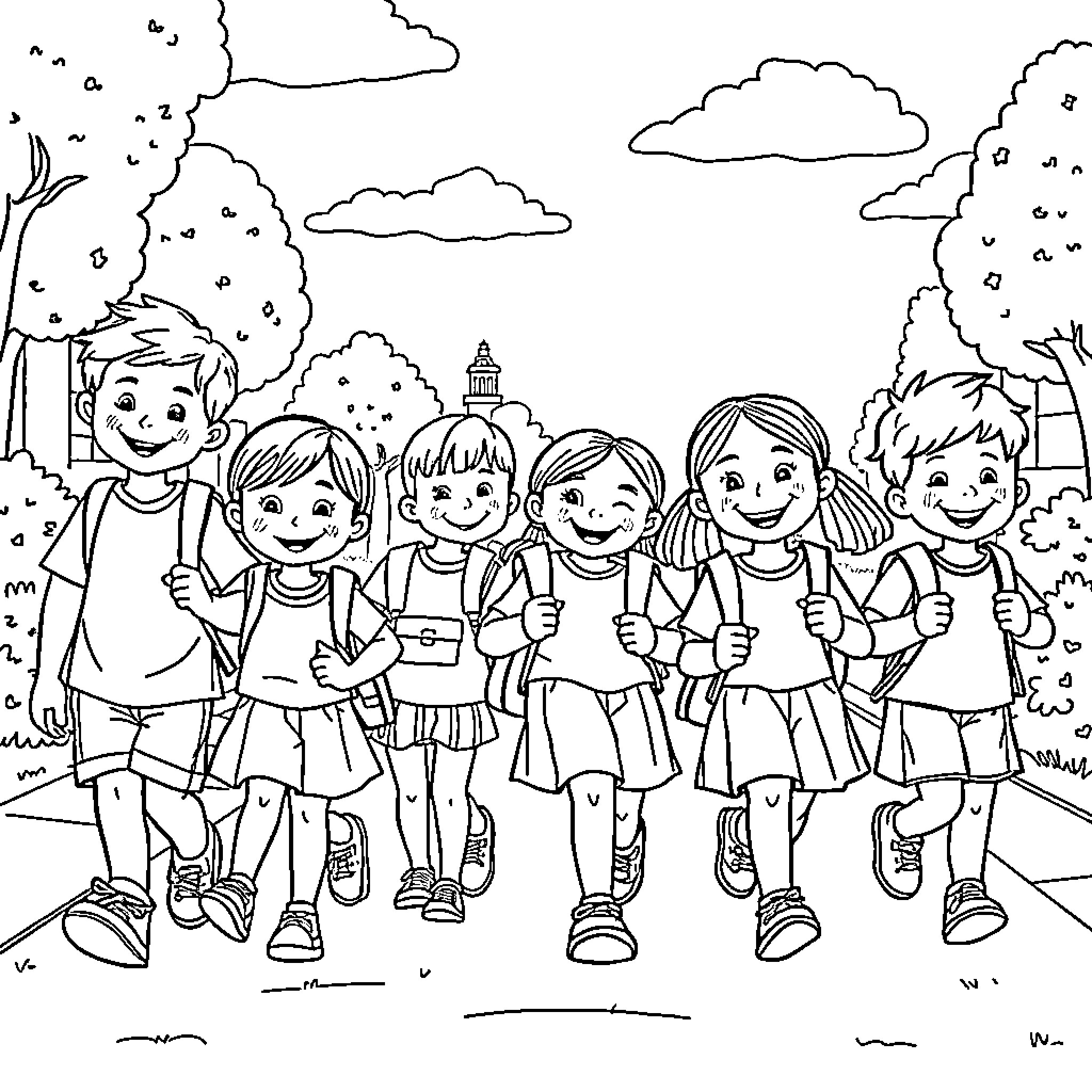 Child friends walking together happily in the park Coloring Page (free black-and-white line drawing printable PDF for all, from beginners to advanced learners, including children, teens, adults, and seniors)