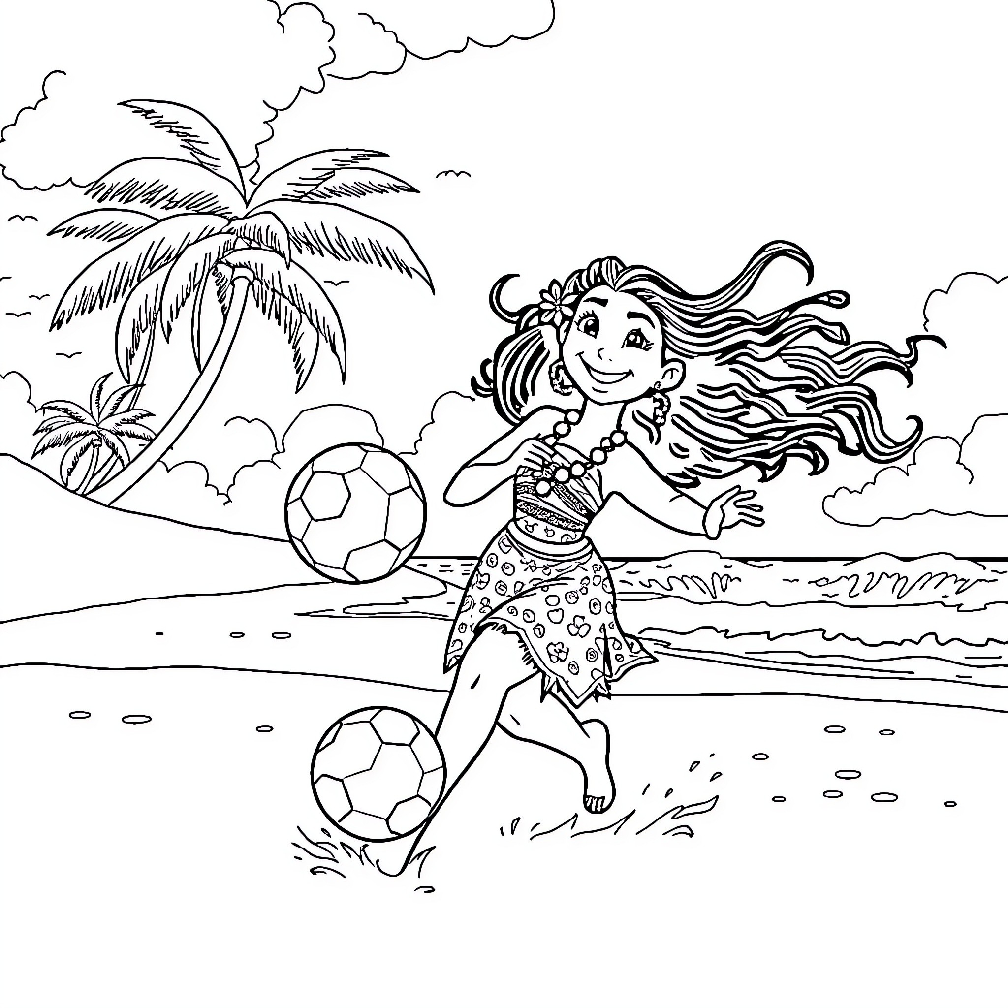 Moana kicking soccer balls on the beach Coloring Page (free black-and-white line drawing printable PDF for all, from beginners to advanced learners, including children, teens, adults, and seniors)