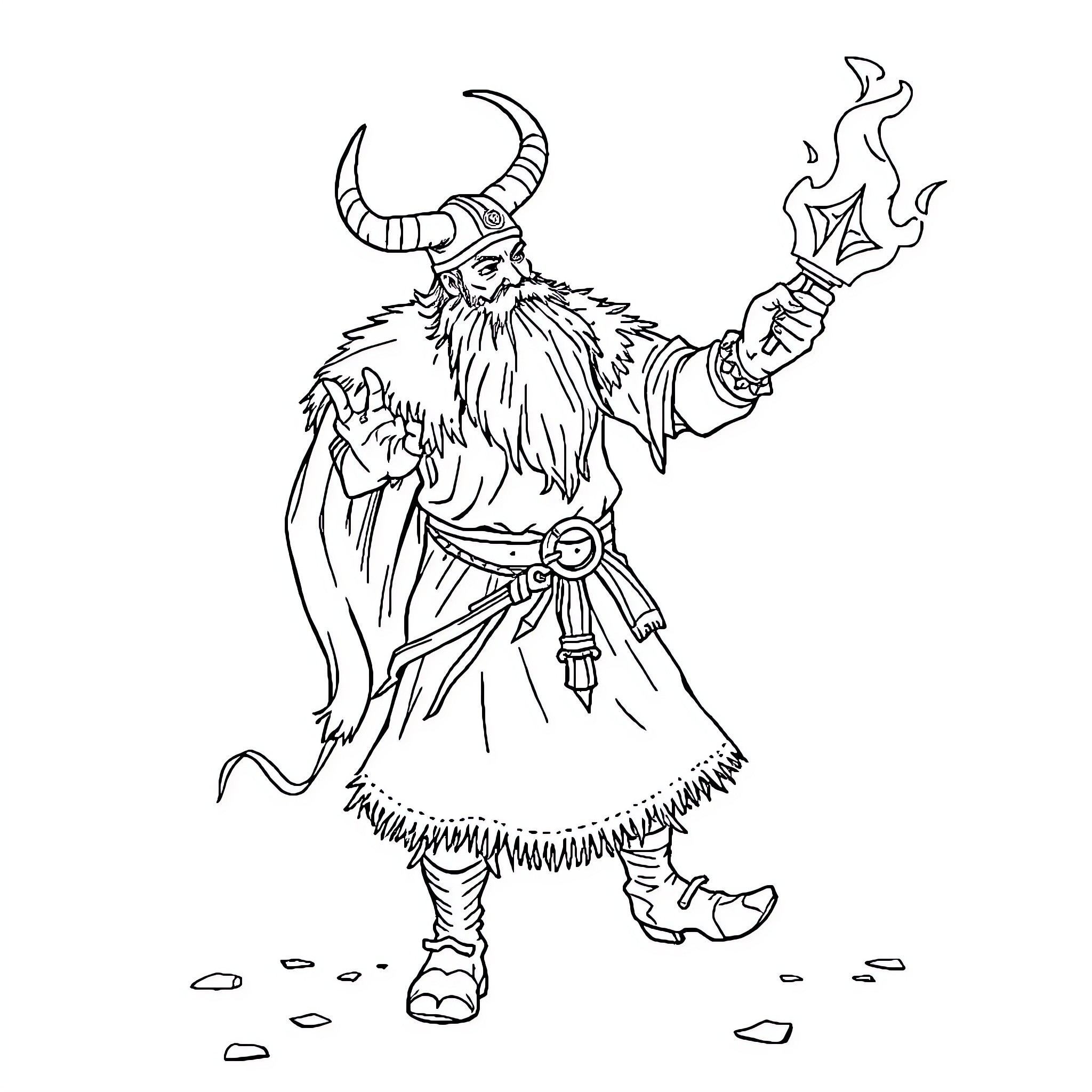 Viking Warrior with Horned Helmet and Magical Staff Coloring Page (free black-and-white line drawing printable PDF for all, from beginners to advanced learners, including children, teens, adults, and seniors)