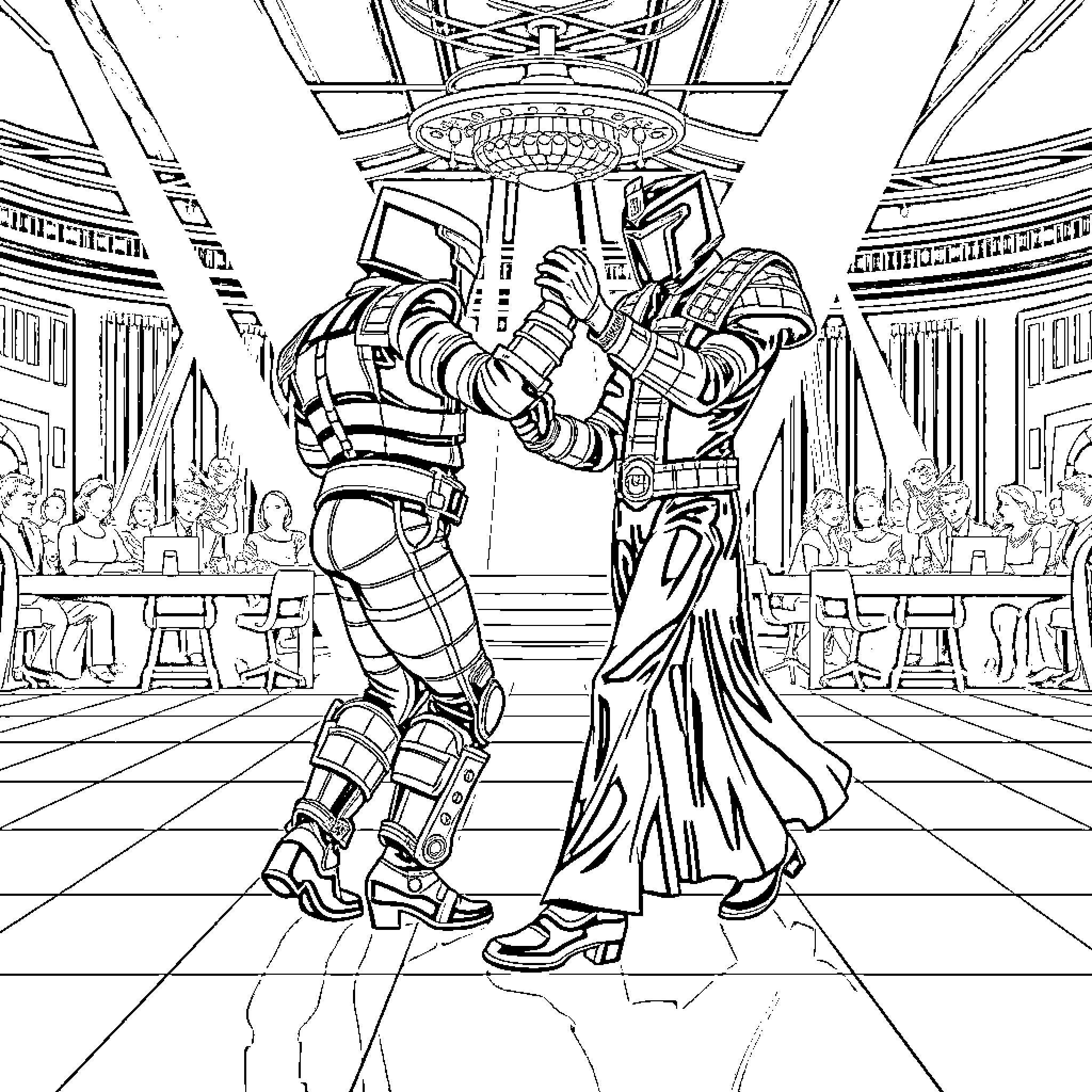 Judge Passing Verdict in Futuristic Court Coloring Page (free black-and-white line drawing printable PDF for all, from beginners to advanced learners, including children, teens, adults, and seniors)
