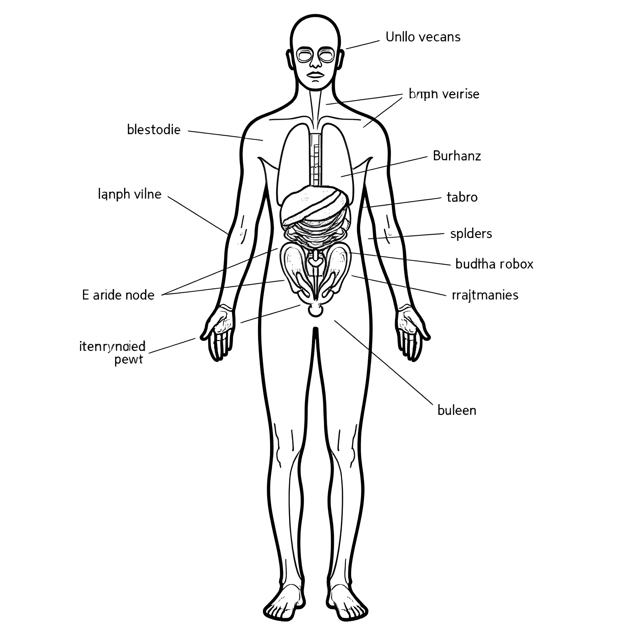Lymphatic System: Human Body Diagram Coloring Page (free black-and-white line drawing printable PDF for all, from beginners to advanced learners, including children, teens, adults, and seniors)