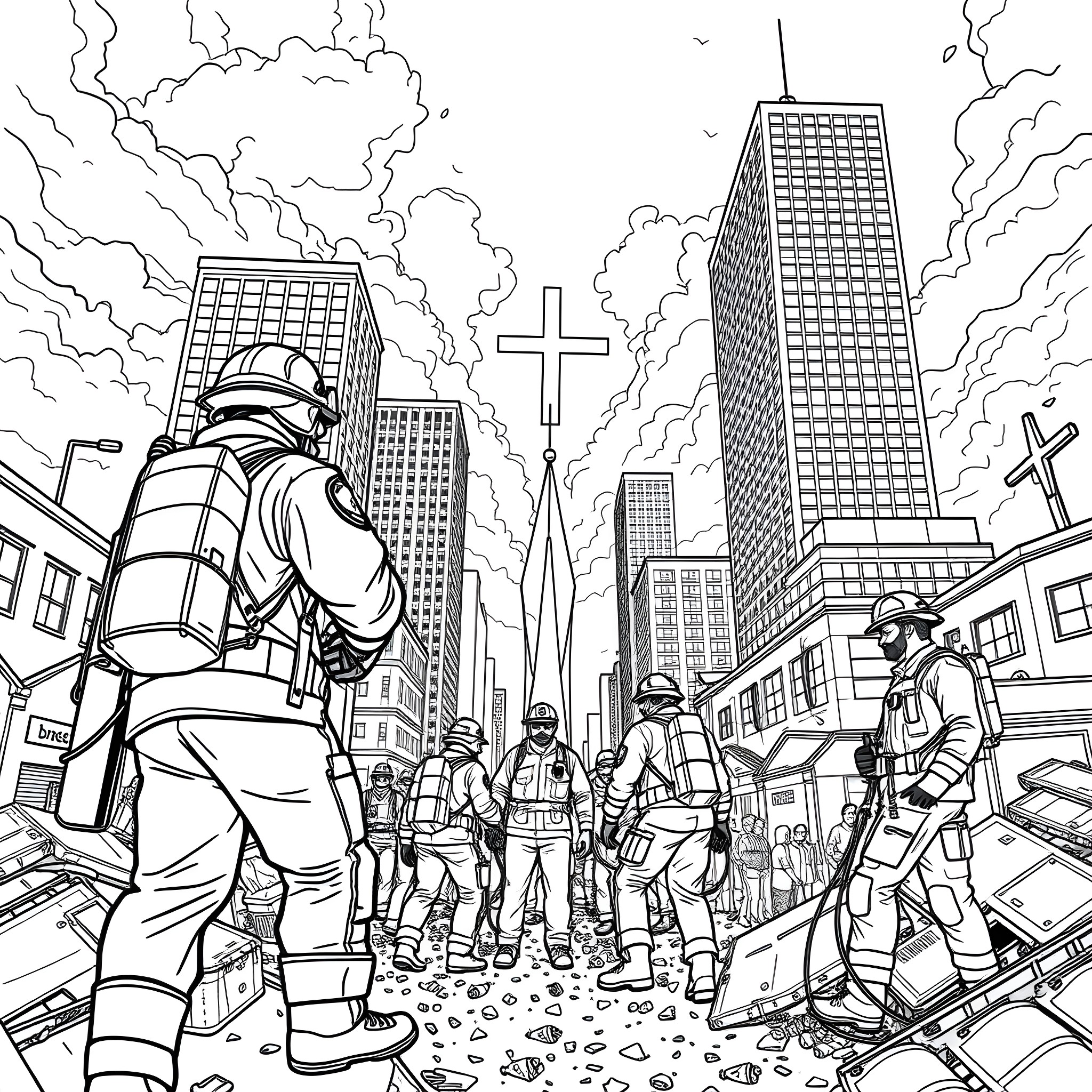 9/11 Emergency Responders Amid Cityscape Devastation Coloring Page (free black-and-white line drawing printable PDF for all, from beginners to advanced learners, including children, teens, adults, and seniors)
