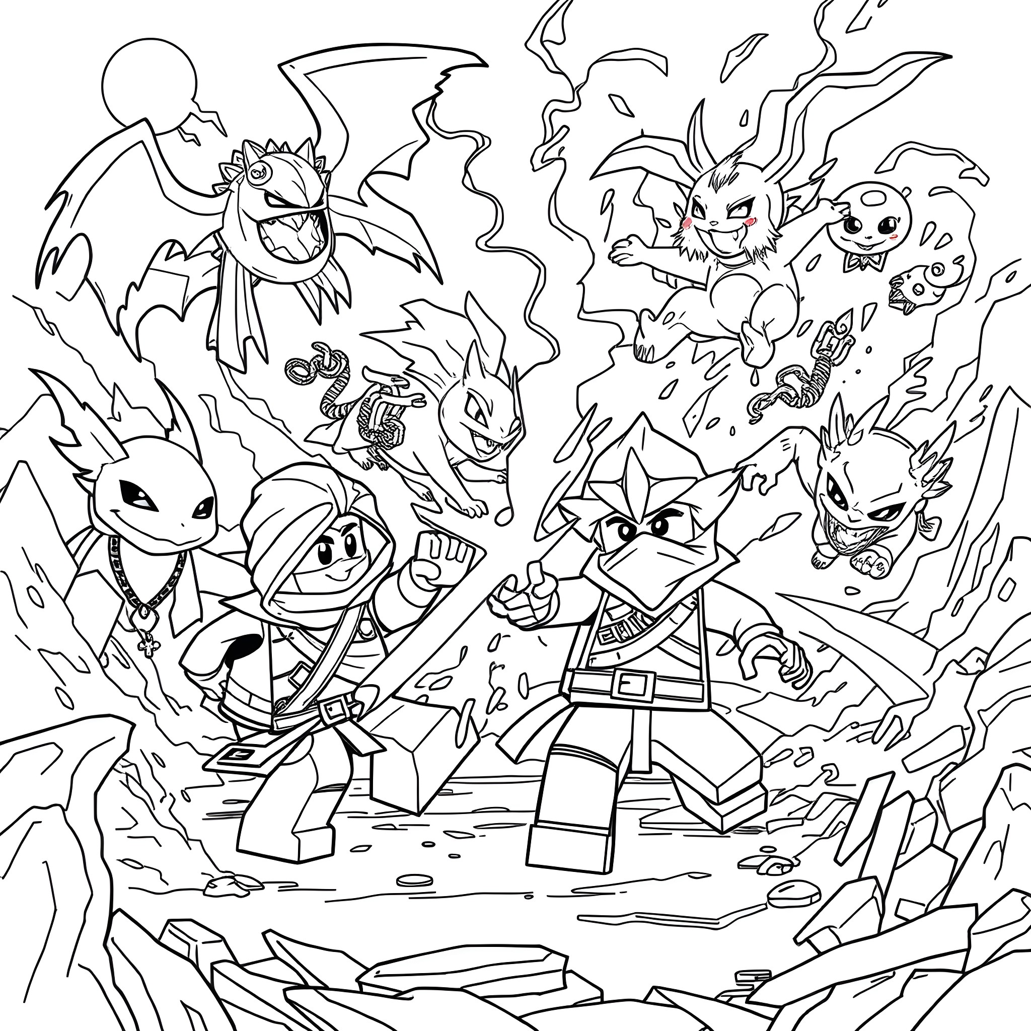 Ninjago characters in action-packed battle scene Coloring Page (free black-and-white line drawing printable PDF for all, from beginners to advanced learners, including children, teens, adults, and seniors)
