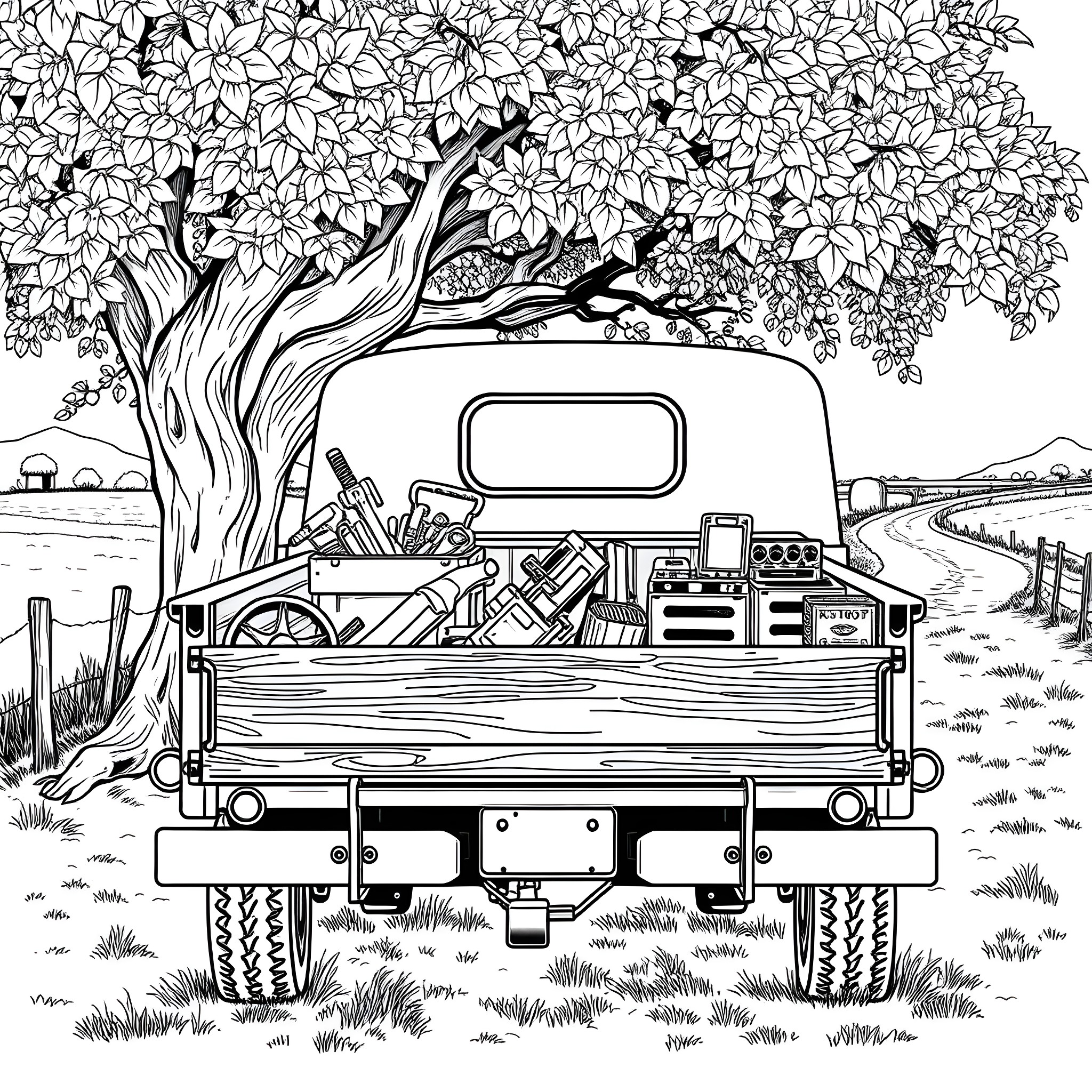 Truck packed with camping gear under a tree Coloring Page (free black-and-white line drawing printable PDF for all, from beginners to advanced learners, including children, teens, adults, and seniors)