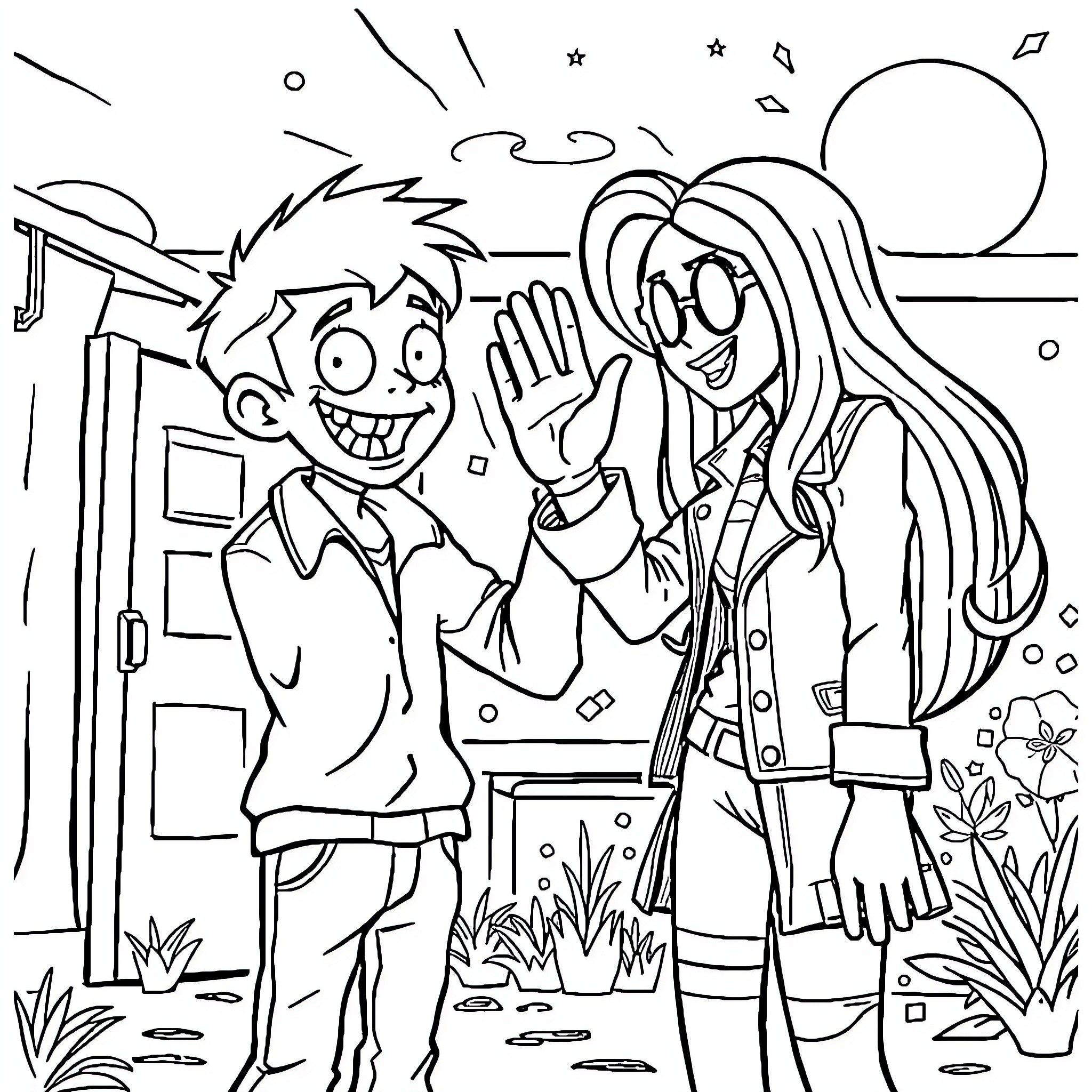 Victor Joyfully Greets Friendly Neighbor Coloring Page (free black-and-white line drawing printable PDF for all, from beginners to advanced learners, including children, teens, adults, and seniors)