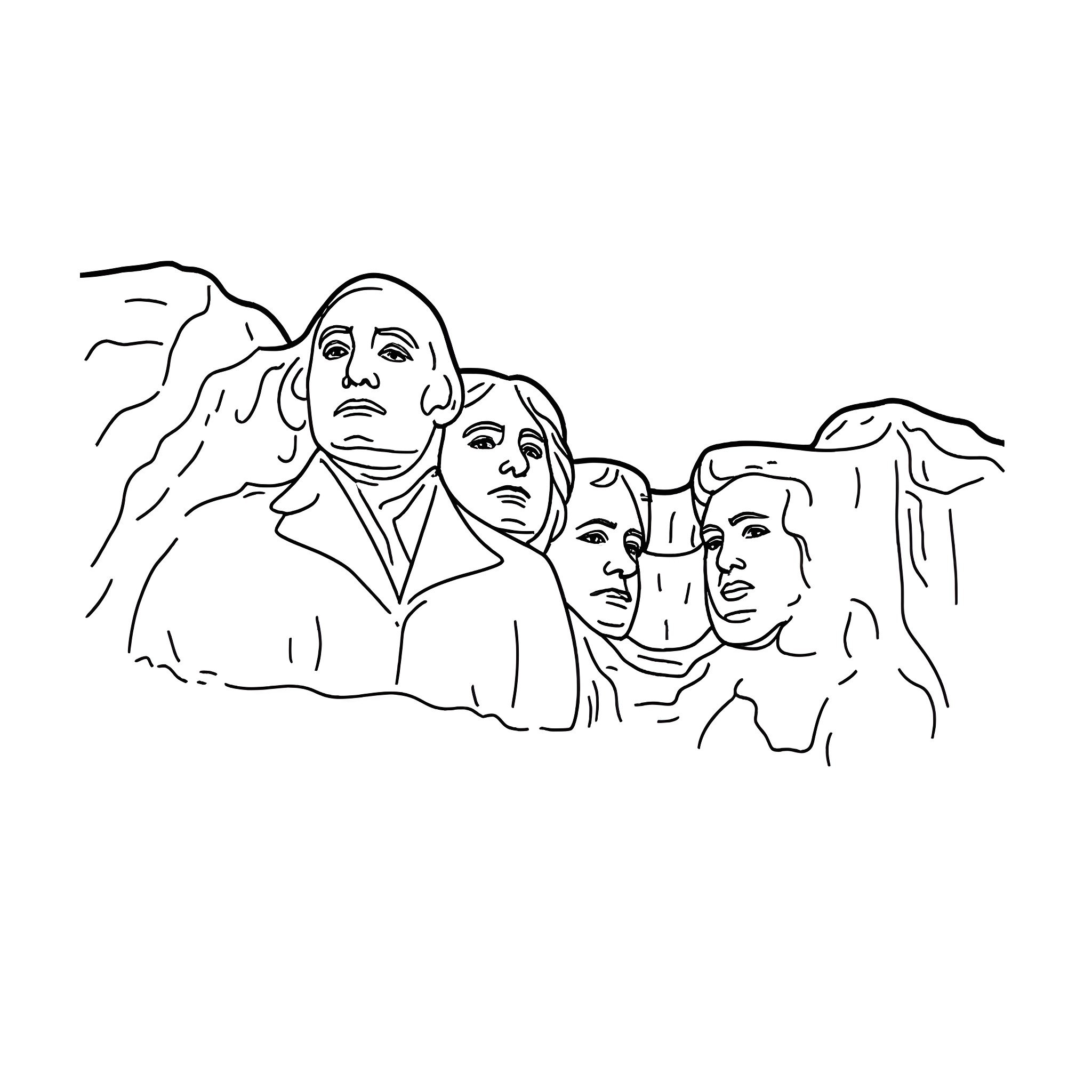 Donald Trump on Mount Rushmore with other political figures Coloring Page (free black-and-white line drawing printable PDF for all, from beginners to advanced learners, including children, teens, adults, and seniors)