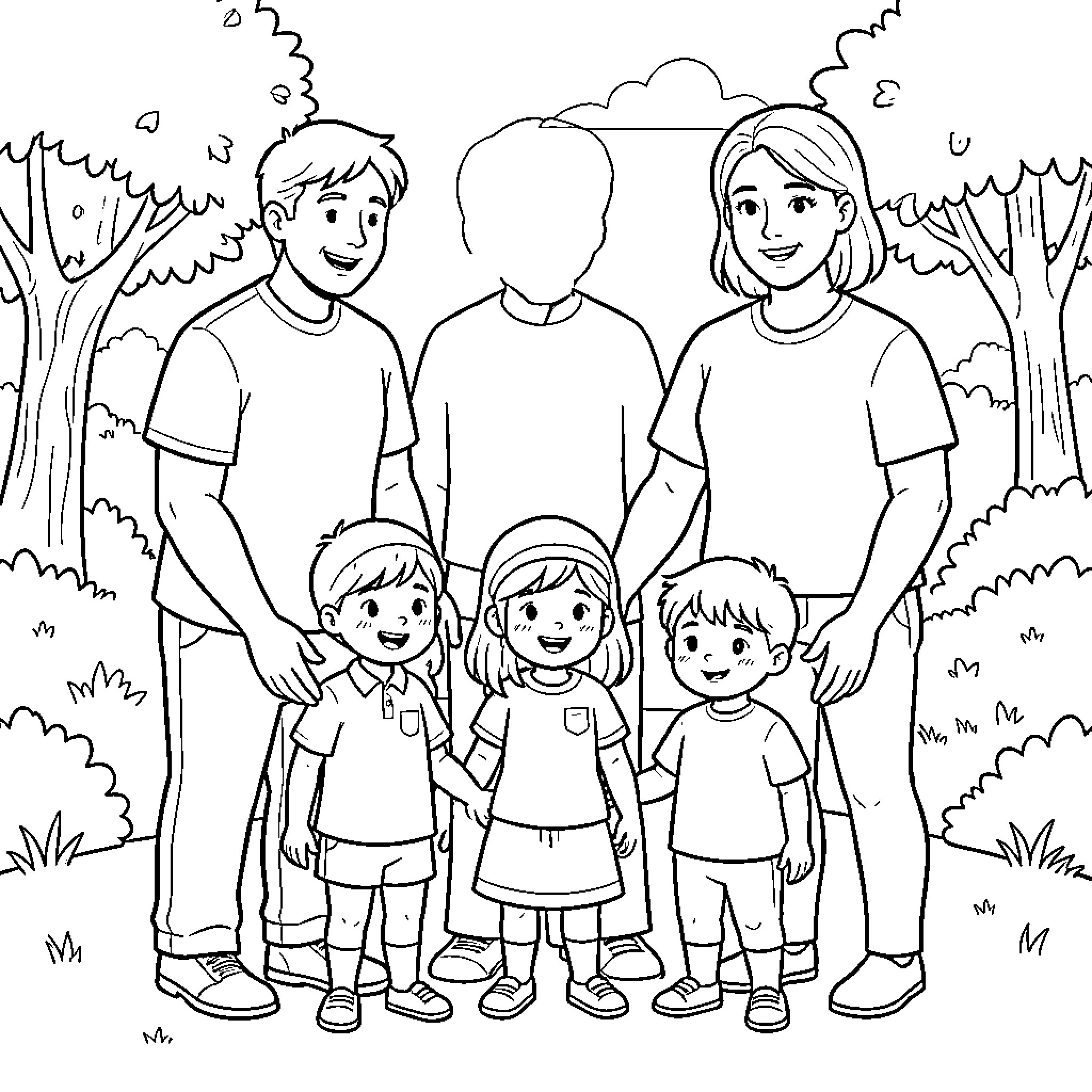 Family smiling together in a lush outdoor setting Coloring Page (free black-and-white line drawing printable PDF for all, from beginners to advanced learners, including children, teens, adults, and seniors)