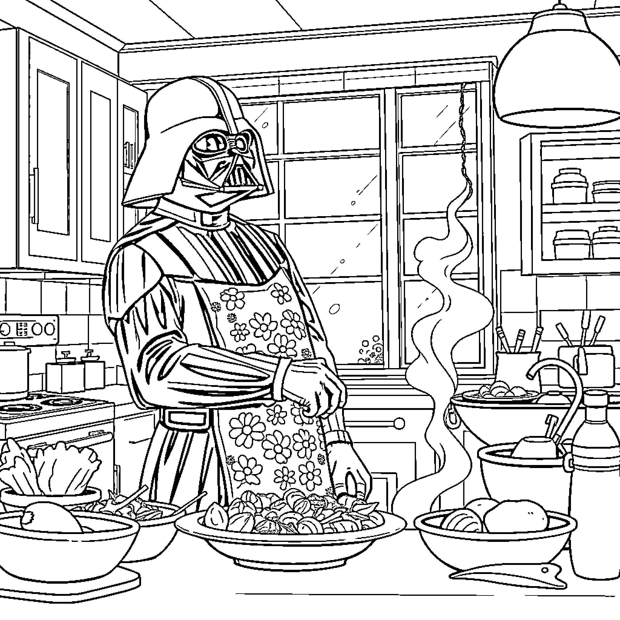 Darth Vader enjoying a cozy meal in the kitchen Coloring Page (free black-and-white line drawing printable PDF for all, from beginners to advanced learners, including children, teens, adults, and seniors)
