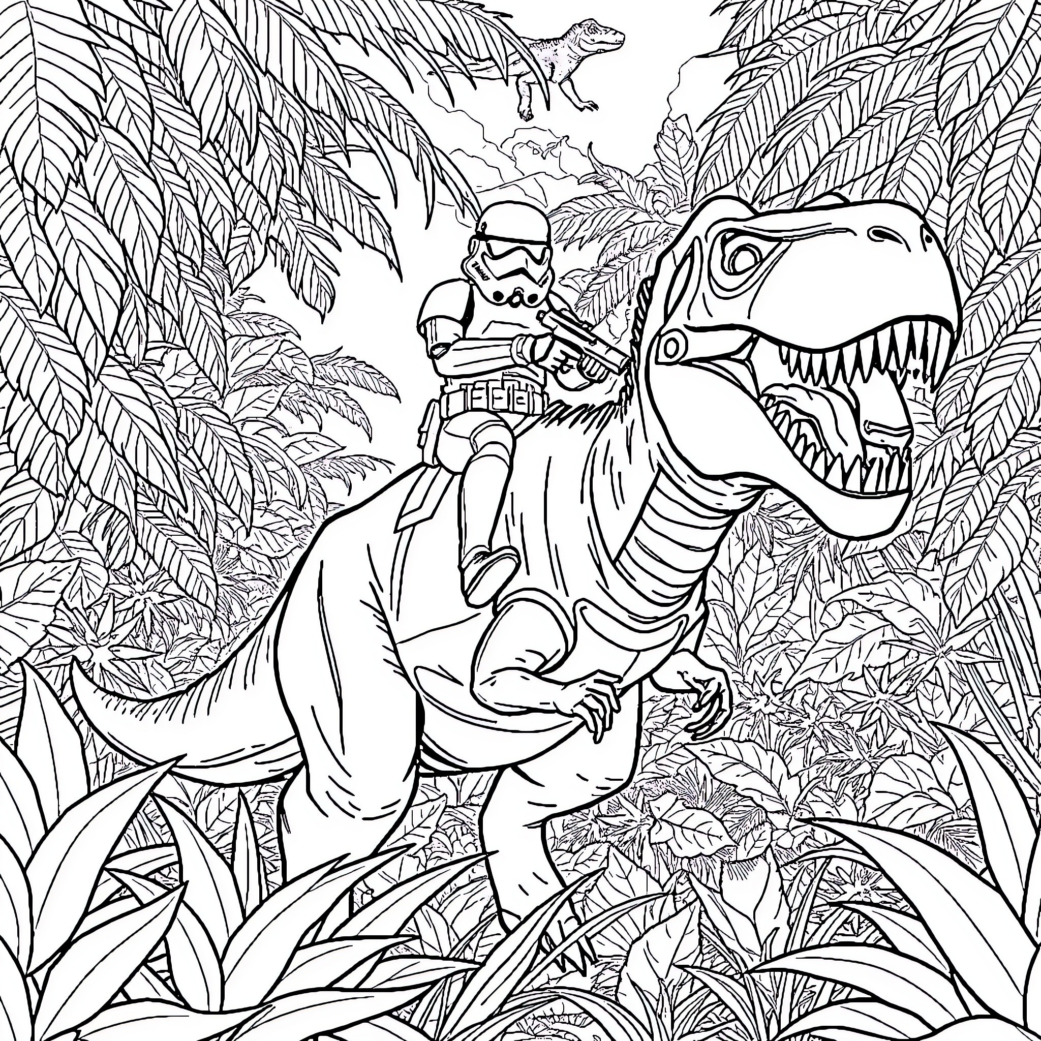 Stormtrooper Riding Fierce Dinosaur in Lush Jungle Coloring Page (free black-and-white line drawing printable PDF for all, from beginners to advanced learners, including children, teens, adults, and seniors)