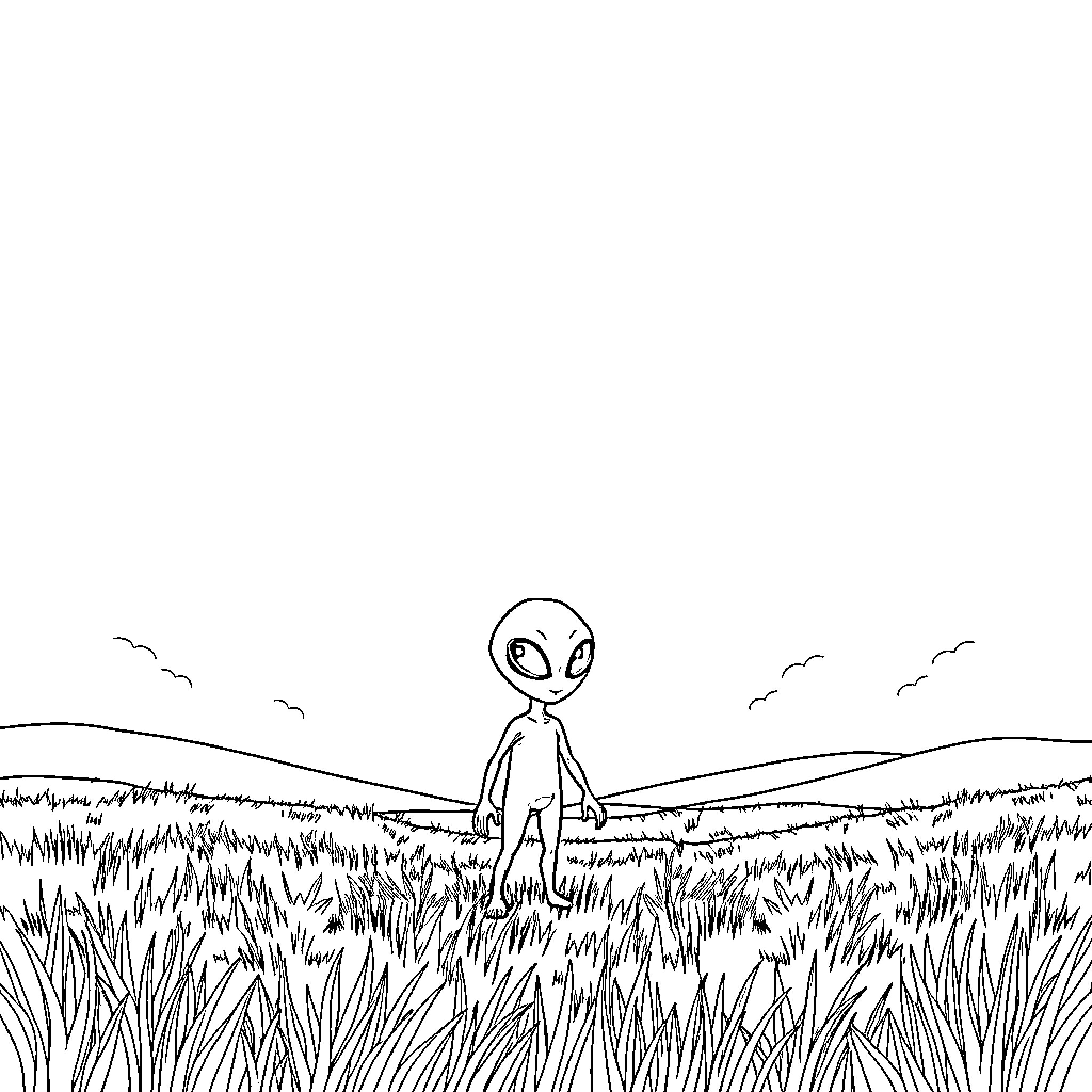 Sunshine Alien Exploring the Grassy Meadow Coloring Page (free black-and-white line drawing printable PDF for all, from beginners to advanced learners, including children, teens, adults, and seniors)