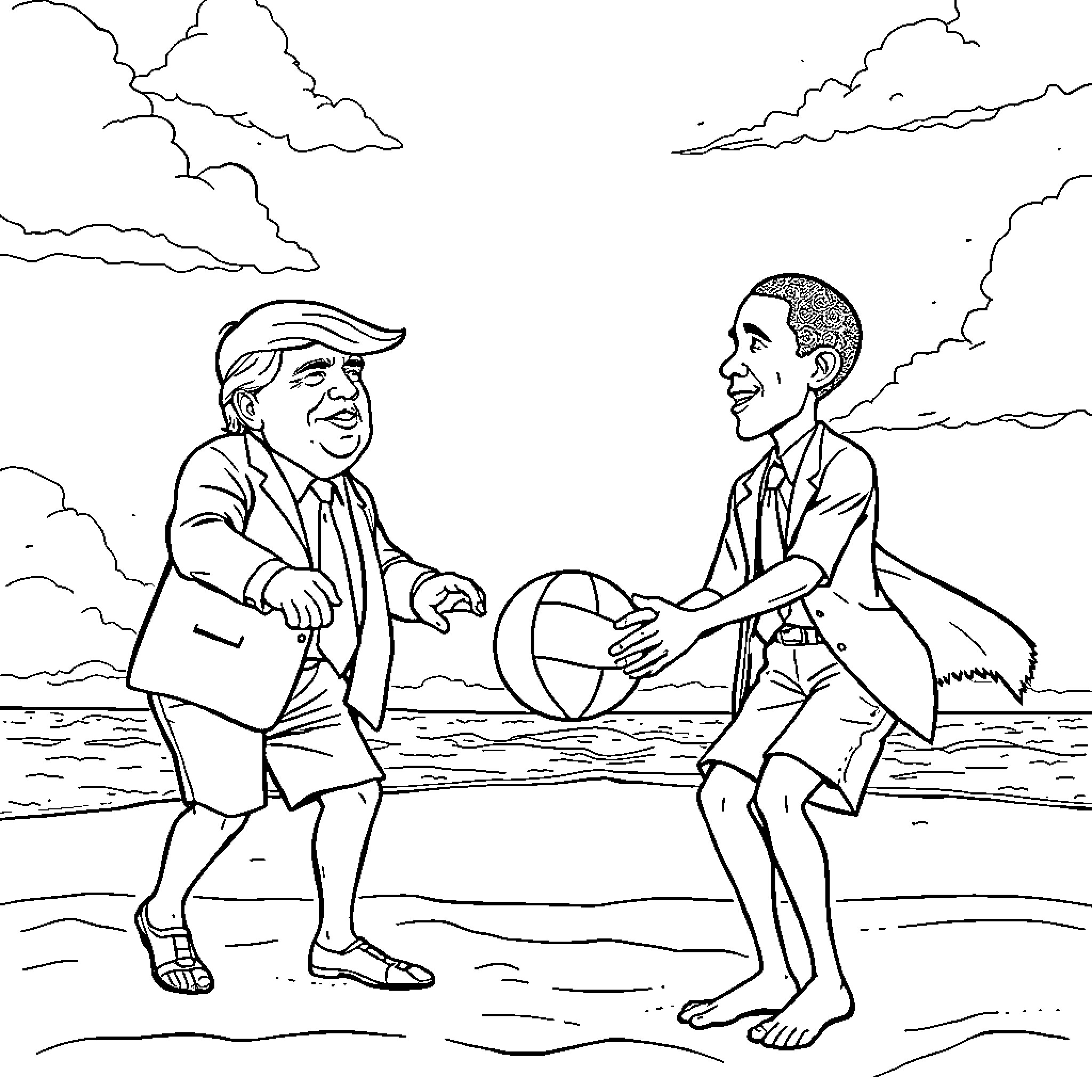 Donald Trump and Barack Obama playing on the beach Coloring Page (free black-and-white line drawing printable PDF for all, from beginners to advanced learners, including children, teens, adults, and seniors)
