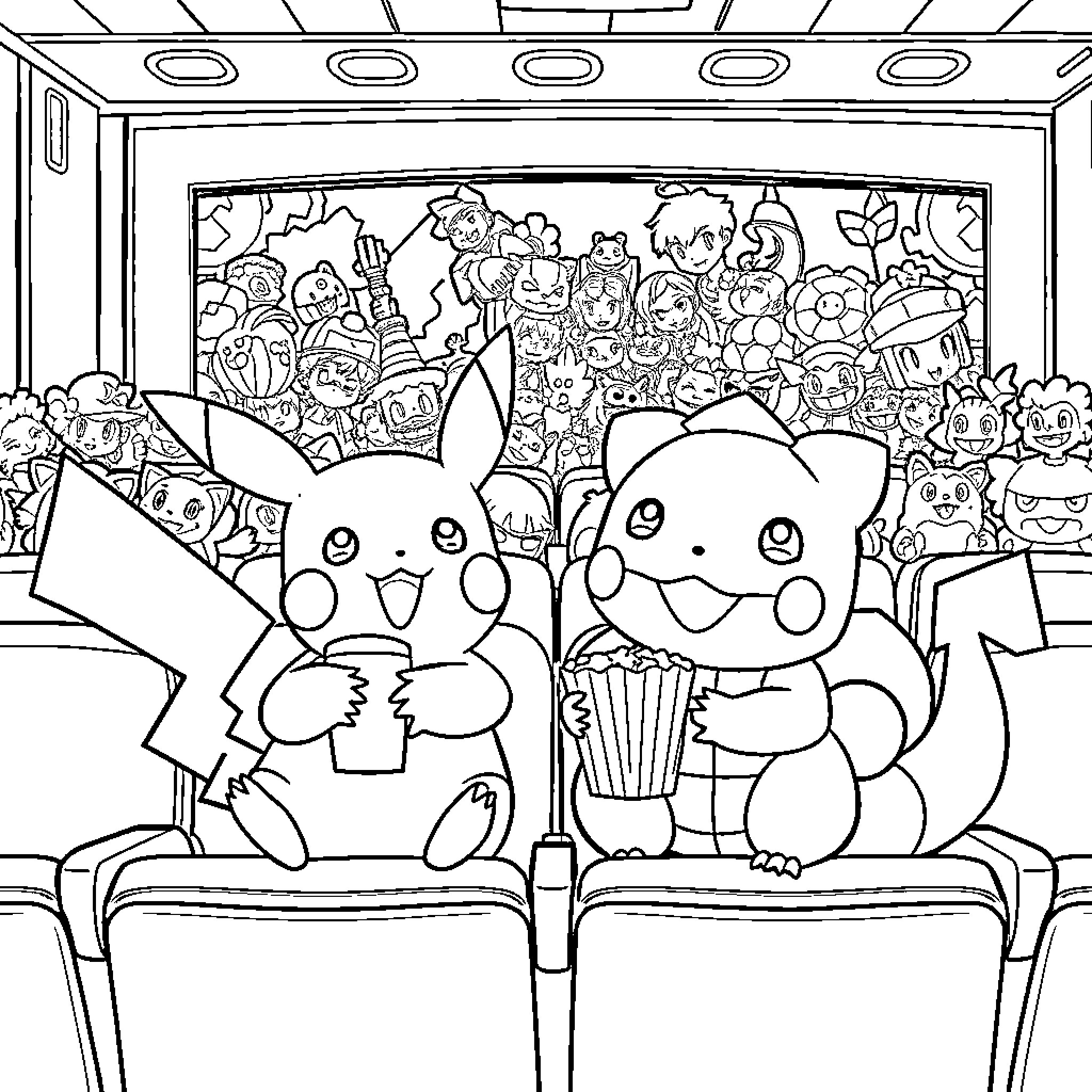 Pikachu enjoying a movie with friends Coloring Page (free black-and-white line drawing printable PDF for all, from beginners to advanced learners, including children, teens, adults, and seniors)