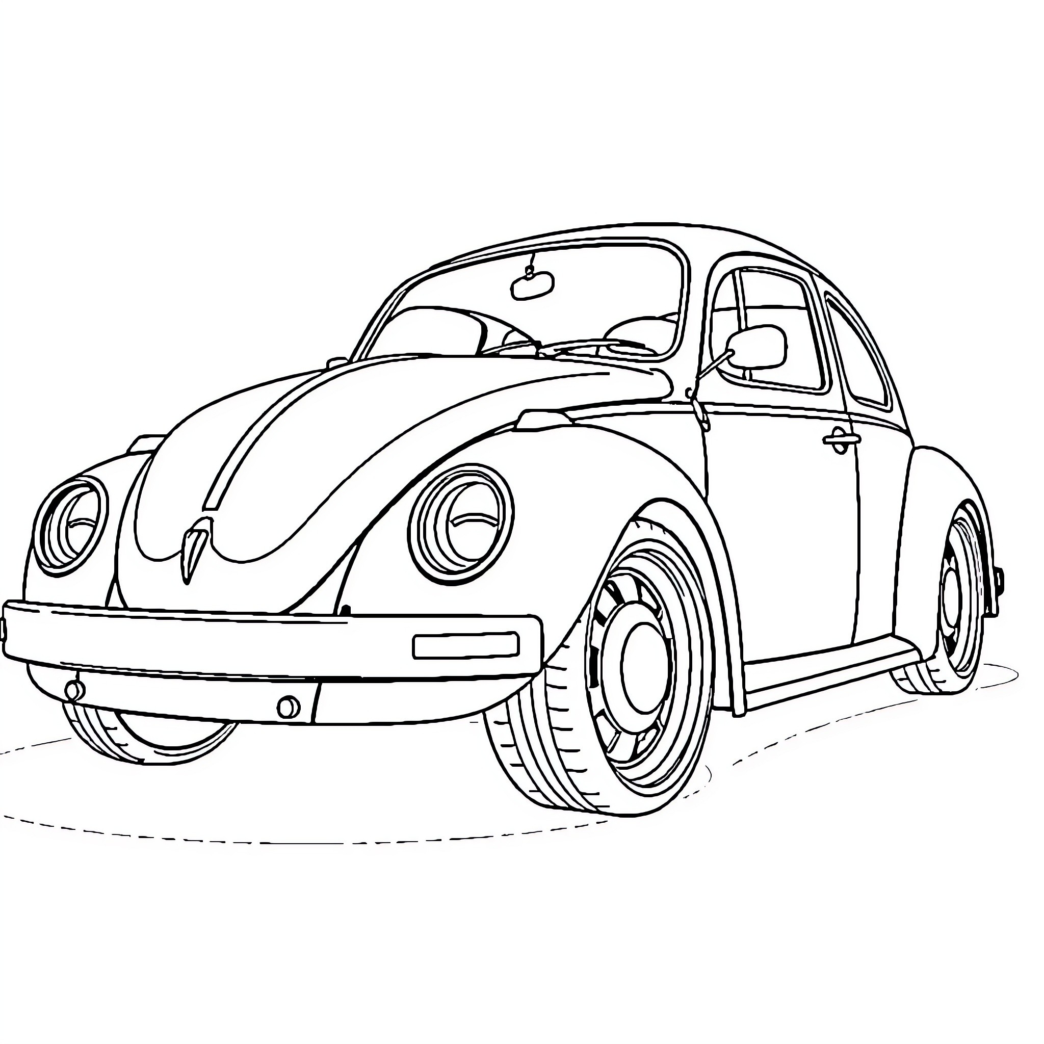 VW Beetle enjoying the open road Coloring Page (free black-and-white line drawing printable PDF for all, from beginners to advanced learners, including children, teens, adults, and seniors)