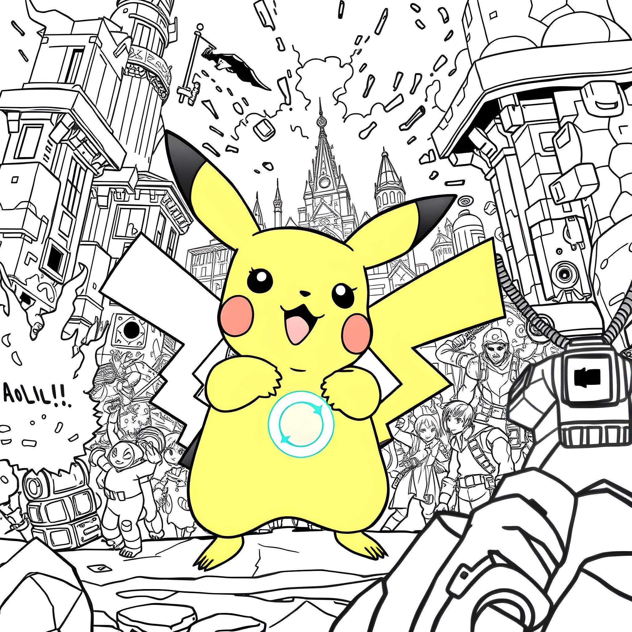 Pikachu Exploring the Chaotic City Landscape Coloring Page (free black-and-white line drawing printable PDF for all, from beginners to advanced learners, including children, teens, adults, and seniors)
