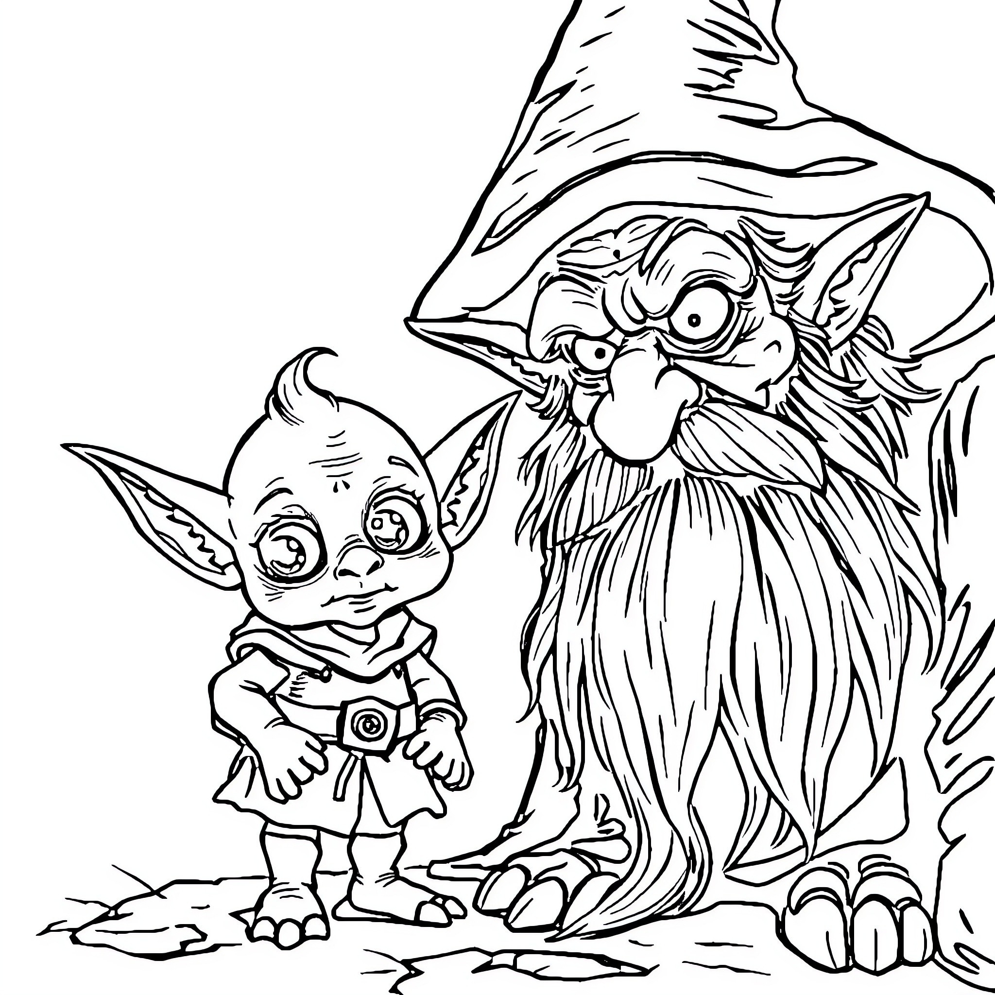Goblin companions in a whimsical scene Coloring Page (free black-and-white line drawing printable PDF for all, from beginners to advanced learners, including children, teens, adults, and seniors)