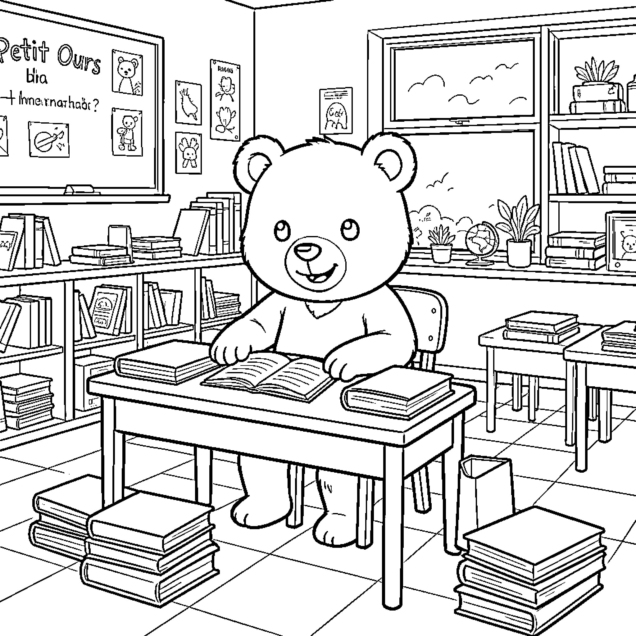 Brown Bear studying books at a classroom desk Coloring Page (free black-and-white line drawing printable PDF for all, from beginners to advanced learners, including children, teens, adults, and seniors)