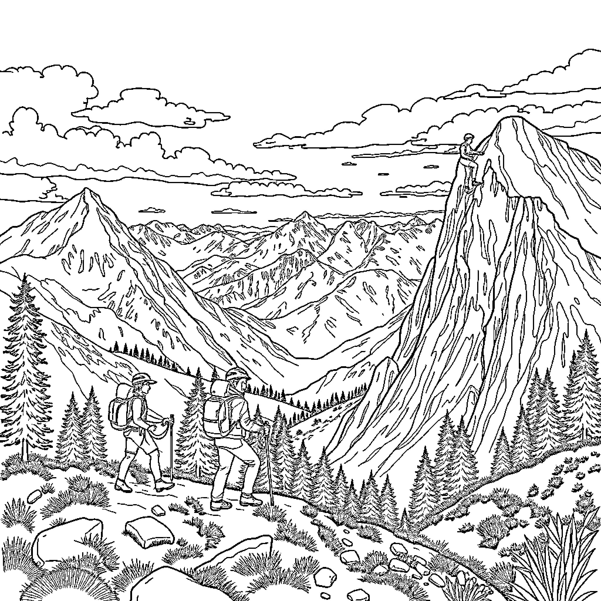 Mountain Hikers Exploring Rugged Landscape Coloring Page (free black-and-white line drawing printable PDF for all, from beginners to advanced learners, including children, teens, adults, and seniors)