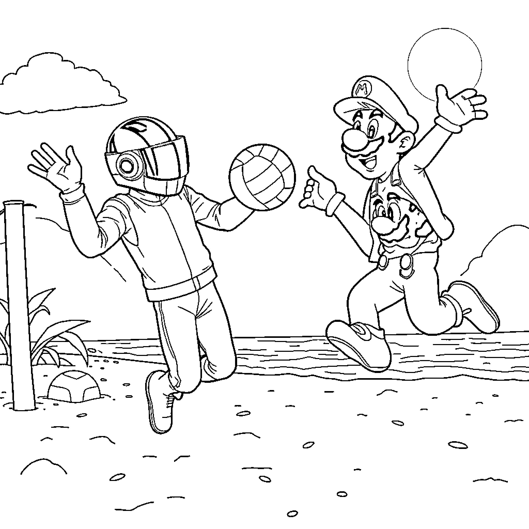 Daft Punk characters in space adventure Coloring Page (free black-and-white line drawing printable PDF for all, from beginners to advanced learners, including children, teens, adults, and seniors)