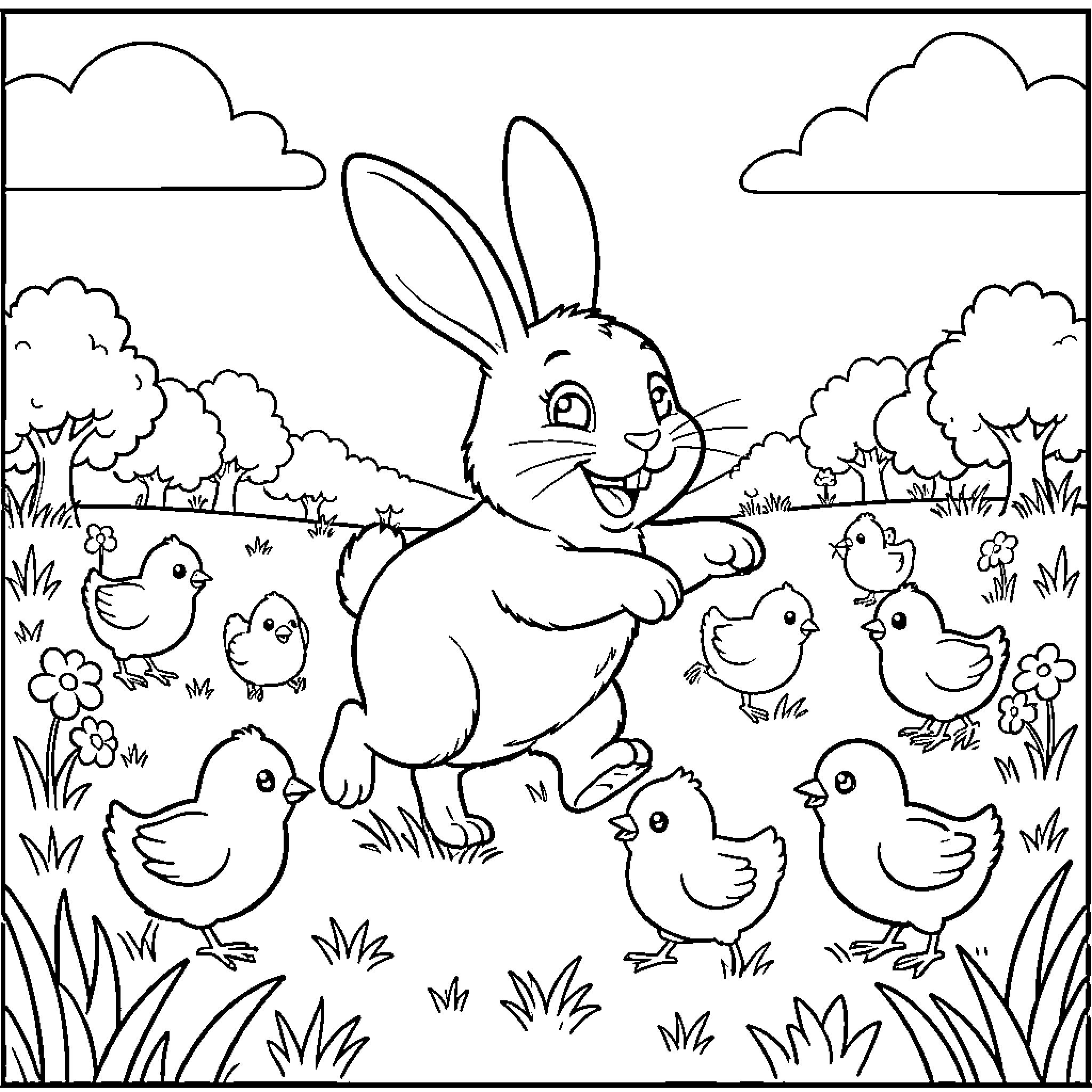 Bunny Enjoying a Day with Chicks in the Meadow Coloring Page (free black-and-white line drawing printable PDF for all, from beginners to advanced learners, including children, teens, adults, and seniors)