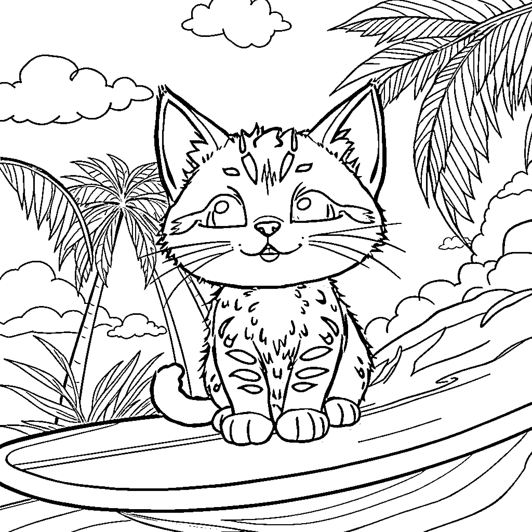 Cat on a tropical surfboard Coloring Page (free black-and-white line drawing printable PDF for all, from beginners to advanced learners, including children, teens, adults, and seniors)