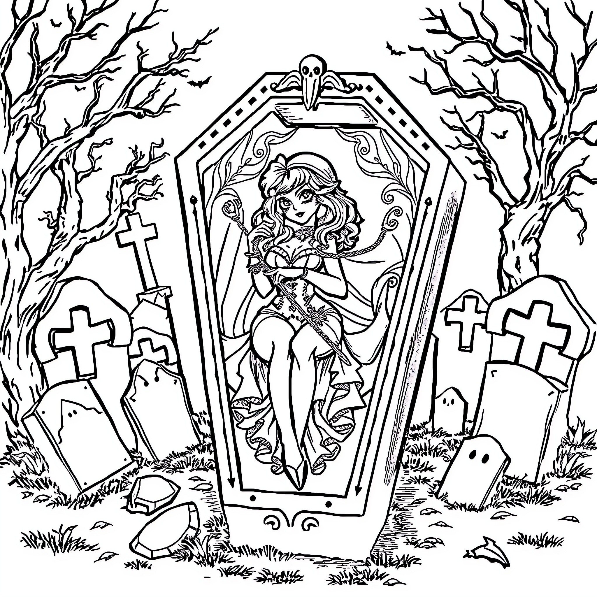 Coffin-shaped frame with a woman posing inside Coloring Page (free black-and-white line drawing printable PDF for all, from beginners to advanced learners, including children, teens, adults, and seniors)