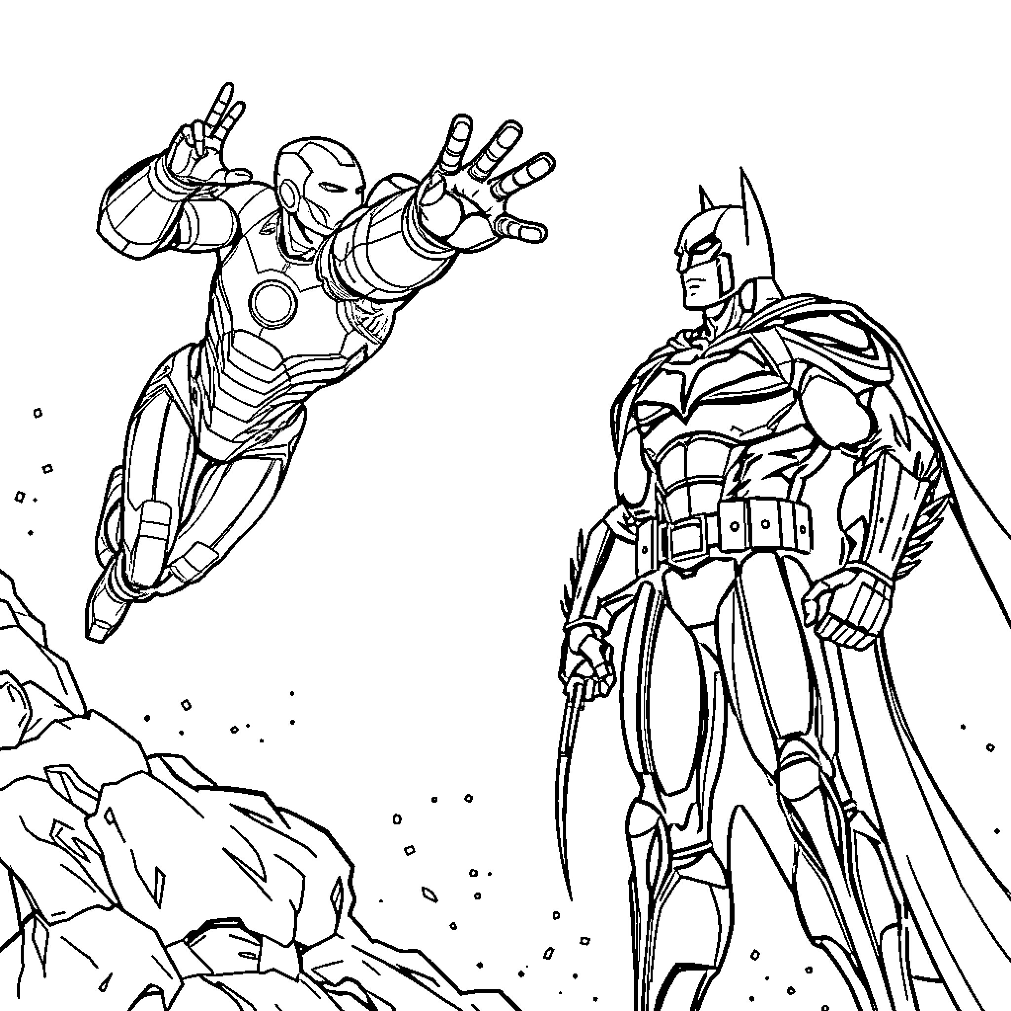 Iron Man and Batman in action-packed battle Coloring Page (free black-and-white line drawing printable PDF for all, from beginners to advanced learners, including children, teens, adults, and seniors)