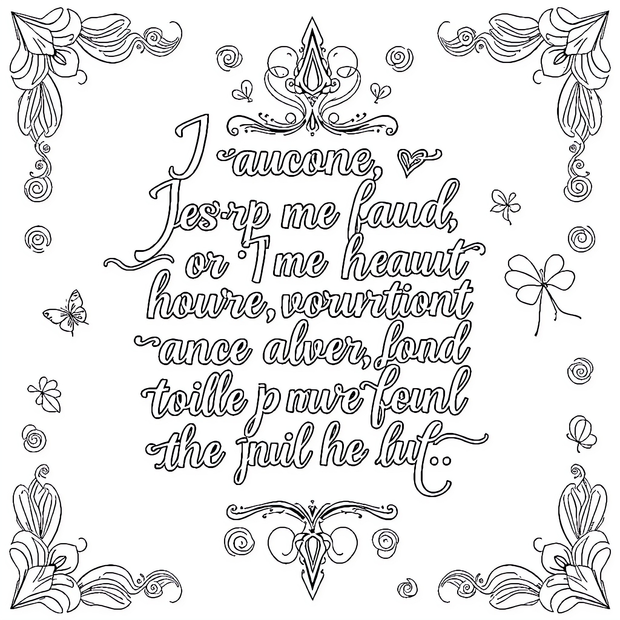 Quote: Intricate Floral Lettering Design Coloring Page (free black-and-white line drawing printable PDF for all, from beginners to advanced learners, including children, teens, adults, and seniors)
