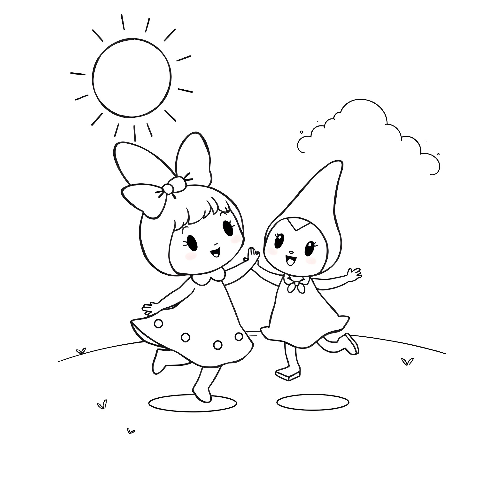 My Melody: Two Cartoon Characters Happily Walking Coloring Page (free black-and-white line drawing printable PDF for all, from beginners to advanced learners, including children, teens, adults, and seniors)