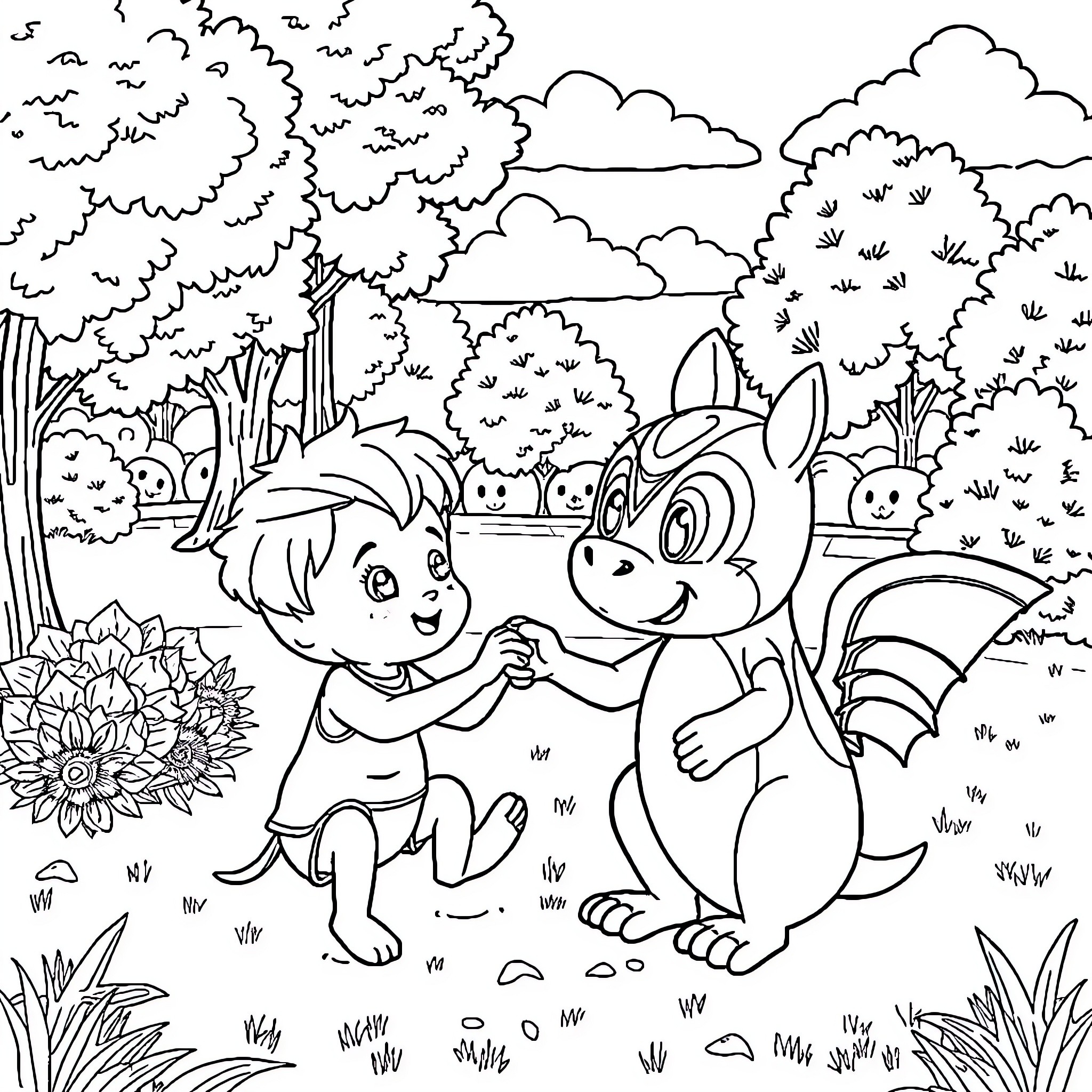 Trotro characters playing joyfully in the forest Coloring Page (free black-and-white line drawing printable PDF for all, from beginners to advanced learners, including children, teens, adults, and seniors)