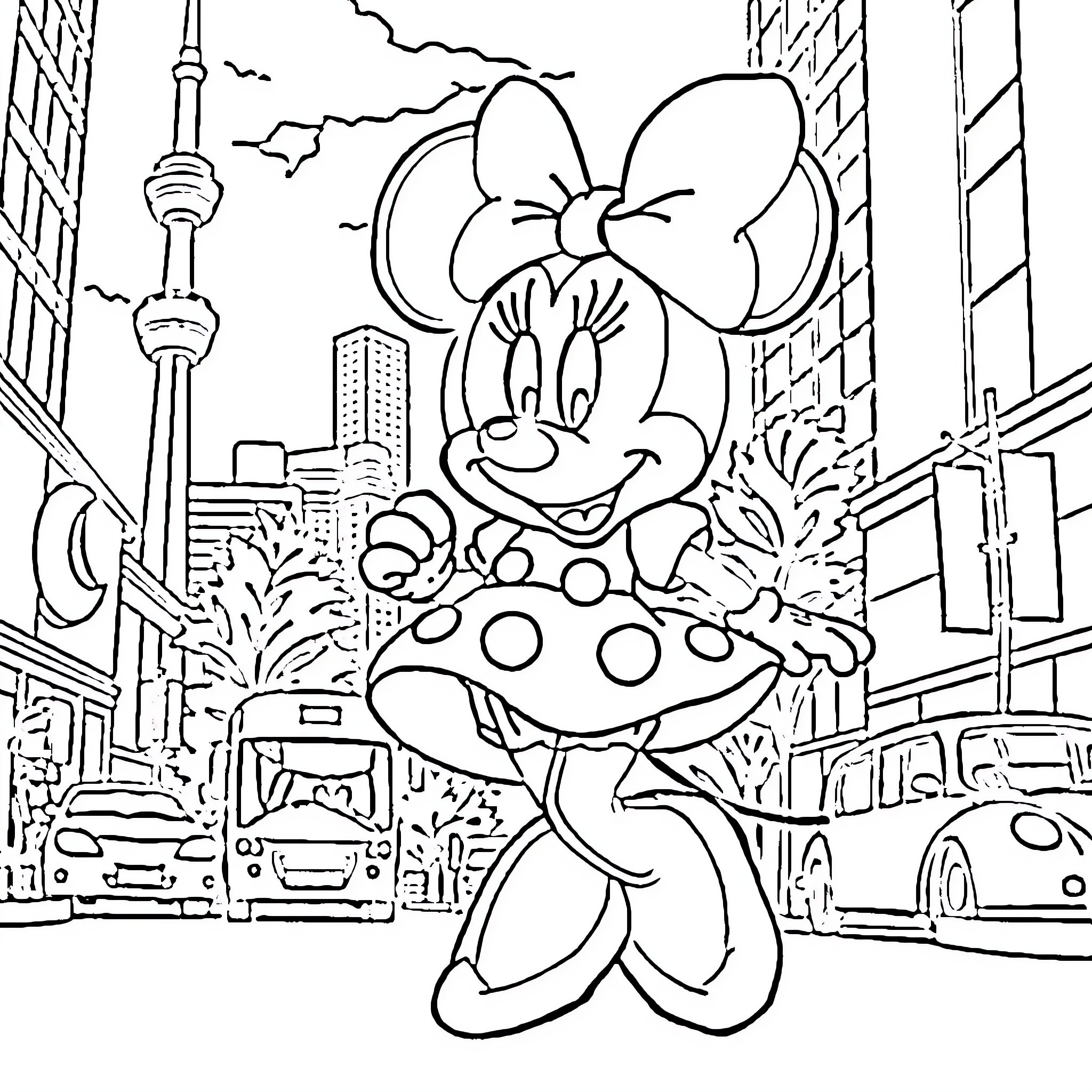 Minnie Mouse exploring a city scene Coloring Page (free black-and-white line drawing printable PDF for all, from beginners to advanced learners, including children, teens, adults, and seniors)