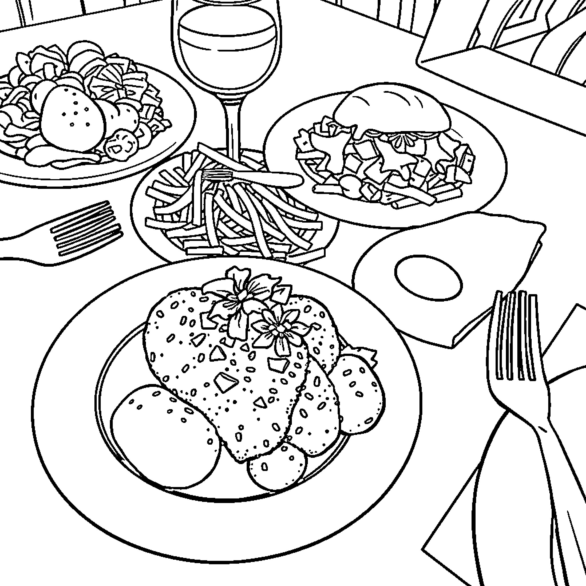 Food prepared with care and presented on the table Coloring Page (free black-and-white line drawing printable PDF for all, from beginners to advanced learners, including children, teens, adults, and seniors)